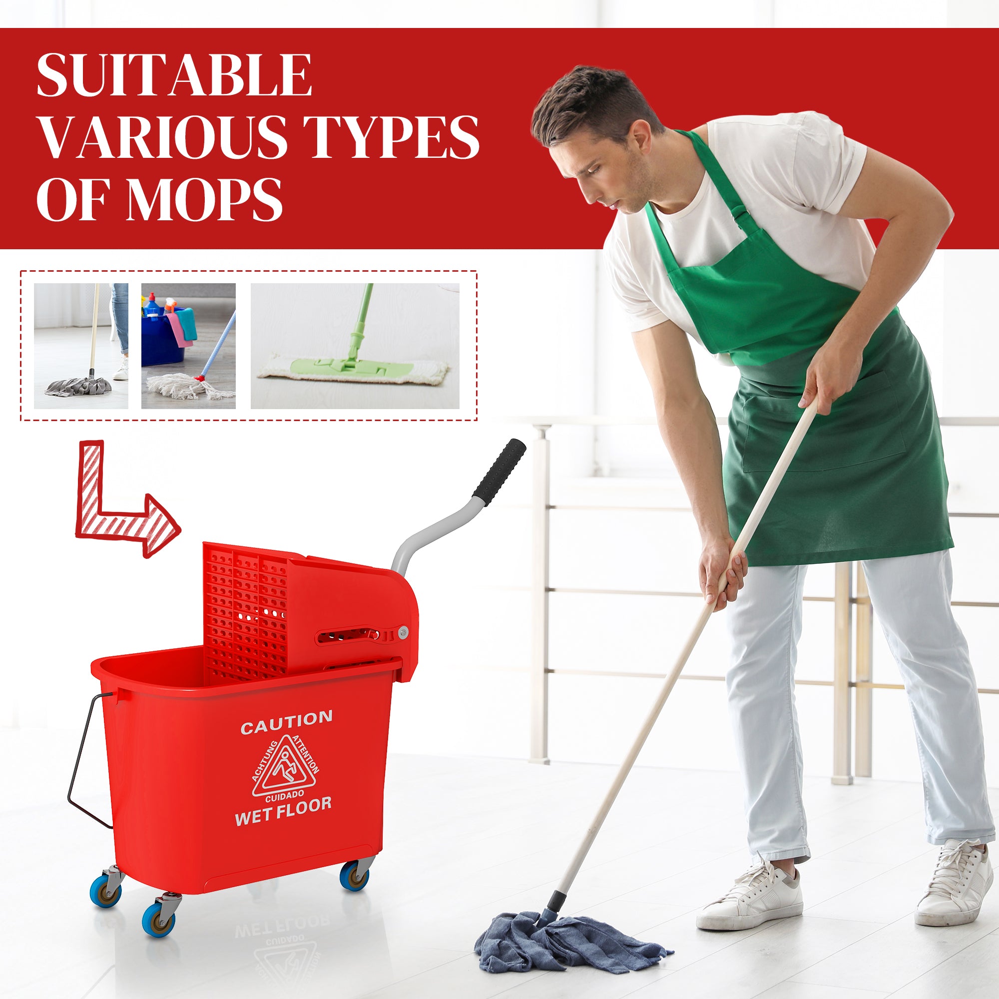 HOMCOM Mop Bucket with Wringer on Wheels for Floor Cleaning, 5 Gallon, Separate Dirty and Clean Water, Red
