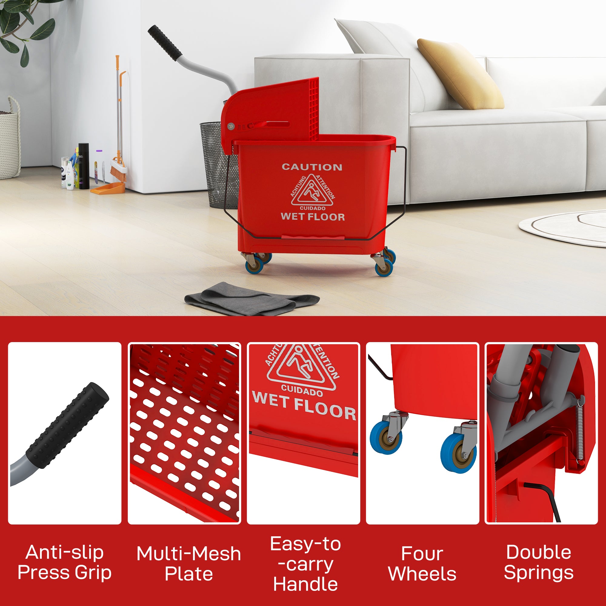 HOMCOM Mop Bucket with Wringer on Wheels for Floor Cleaning, 5 Gallon, Separate Dirty and Clean Water, Red
