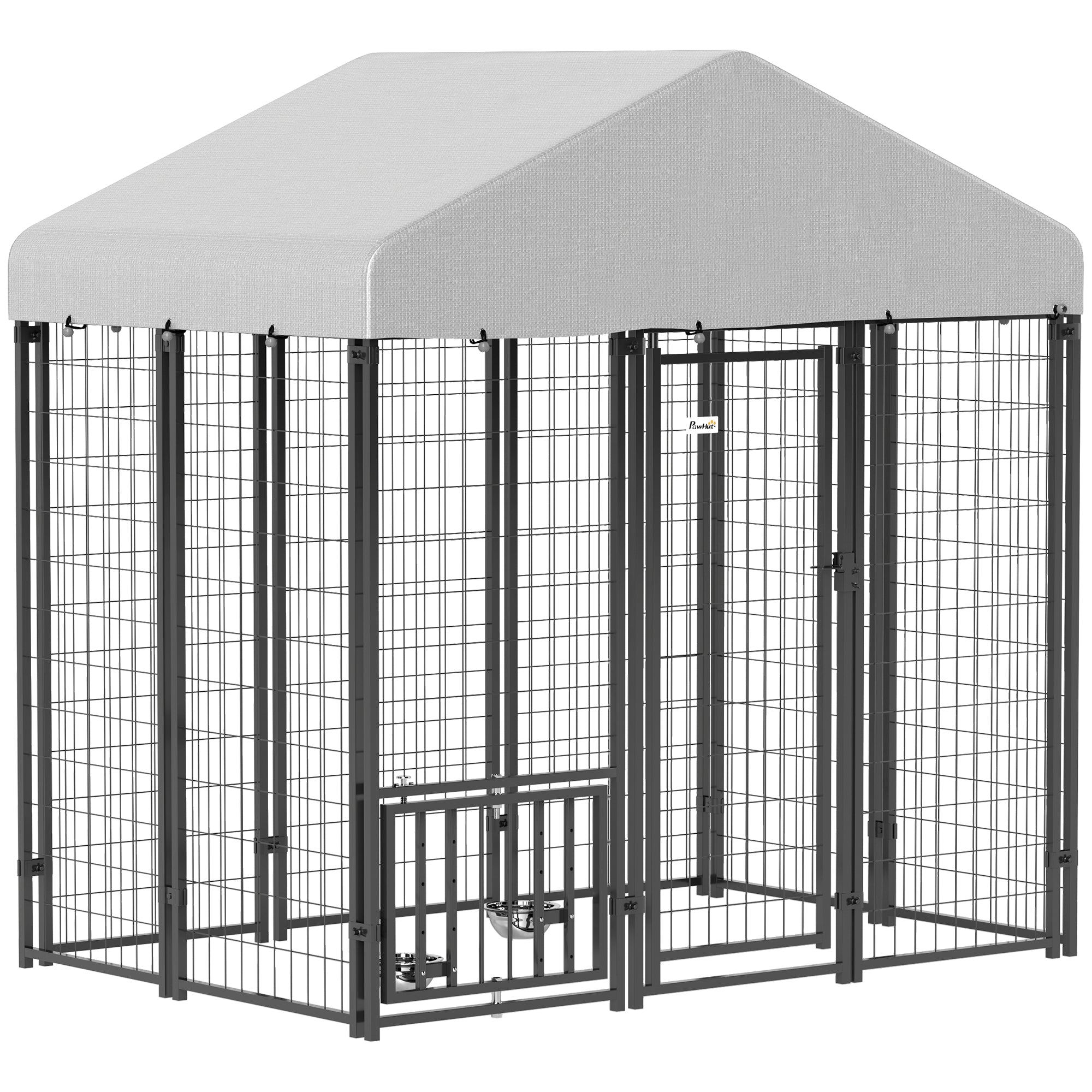 PawHut Outdoor Dog Kennel, 5.9 x 4 x 6 ft Heavy Duty Welded Wire Steel Fence Dog Run with Waterproof UV-Resistant Cover, Rotating & 4-Level Adjustable Feeding Bowls