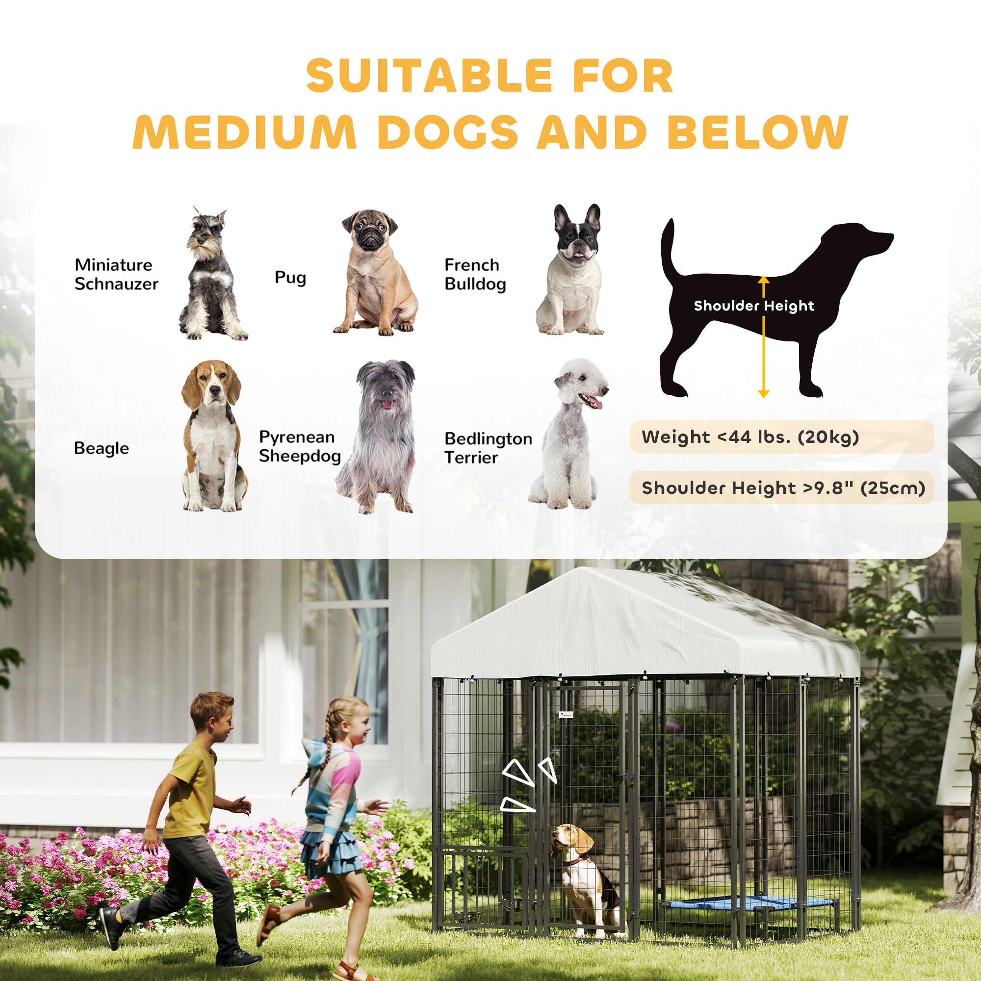 PawHut Outdoor Dog Kennel, 5.9 x 4 x 6 ft Heavy Duty Welded Wire Steel Fence Dog Run with Waterproof UV-Resistant Cover, Rotating & 4-Level Adjustable Feeding Bowls