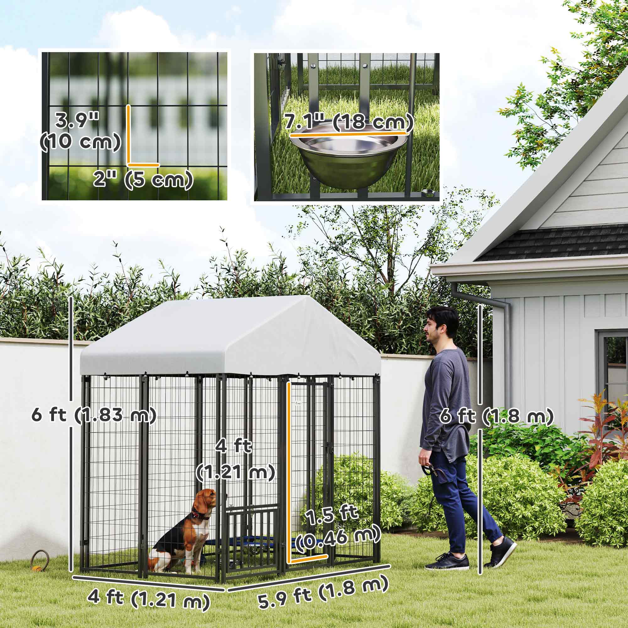 PawHut Outdoor Dog Kennel, 5.9 x 4 x 6 ft Heavy Duty Welded Wire Steel Fence Dog Run with Waterproof UV-Resistant Cover, Rotating & 4-Level Adjustable Feeding Bowls