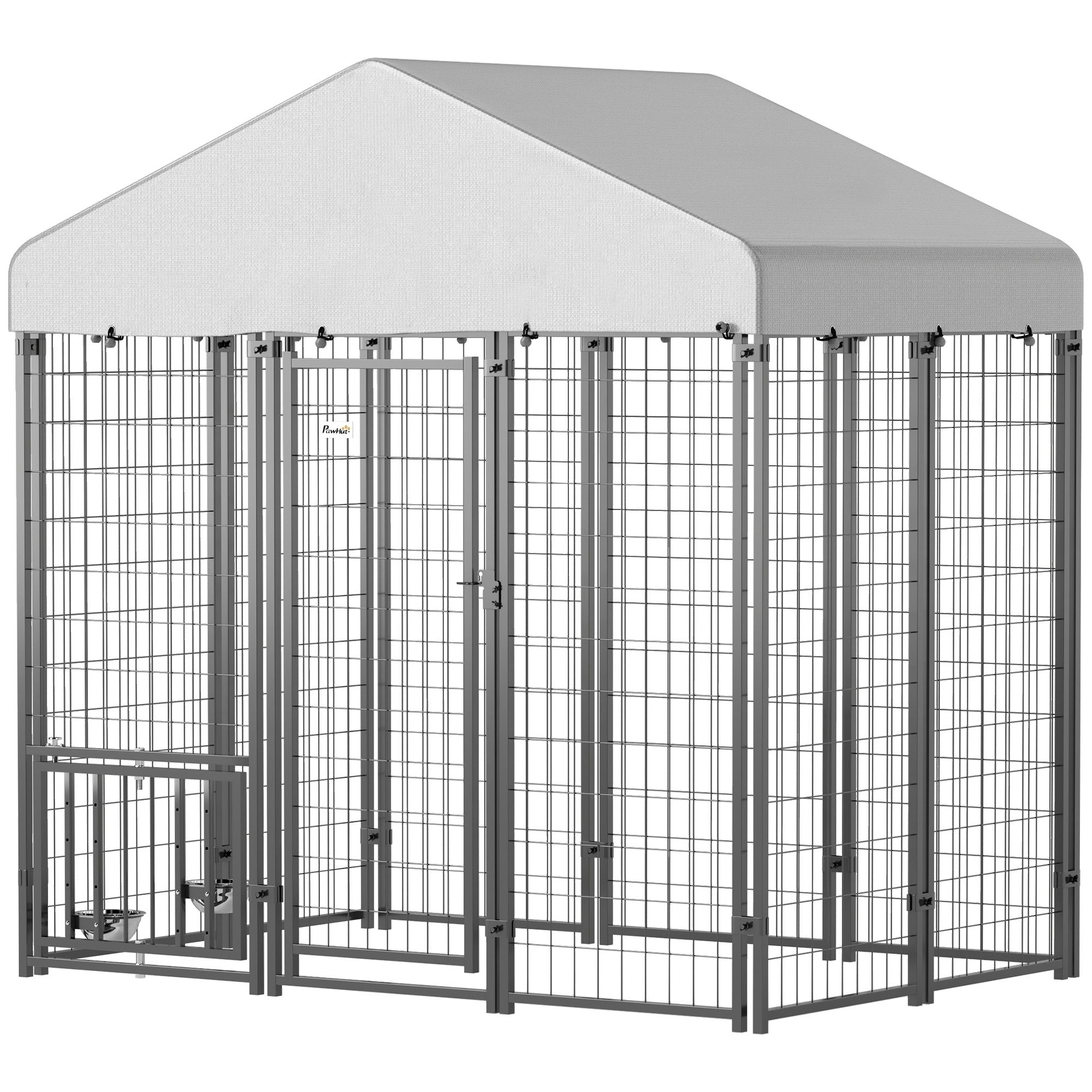 PawHut Outdoor Dog Kennel, 5.9 x 4 x 6 ft Heavy Duty Welded Wire Steel Fence Dog Run with Waterproof UV-Resistant Cover, Rotating & 4-Level Adjustable Feeding Bowls