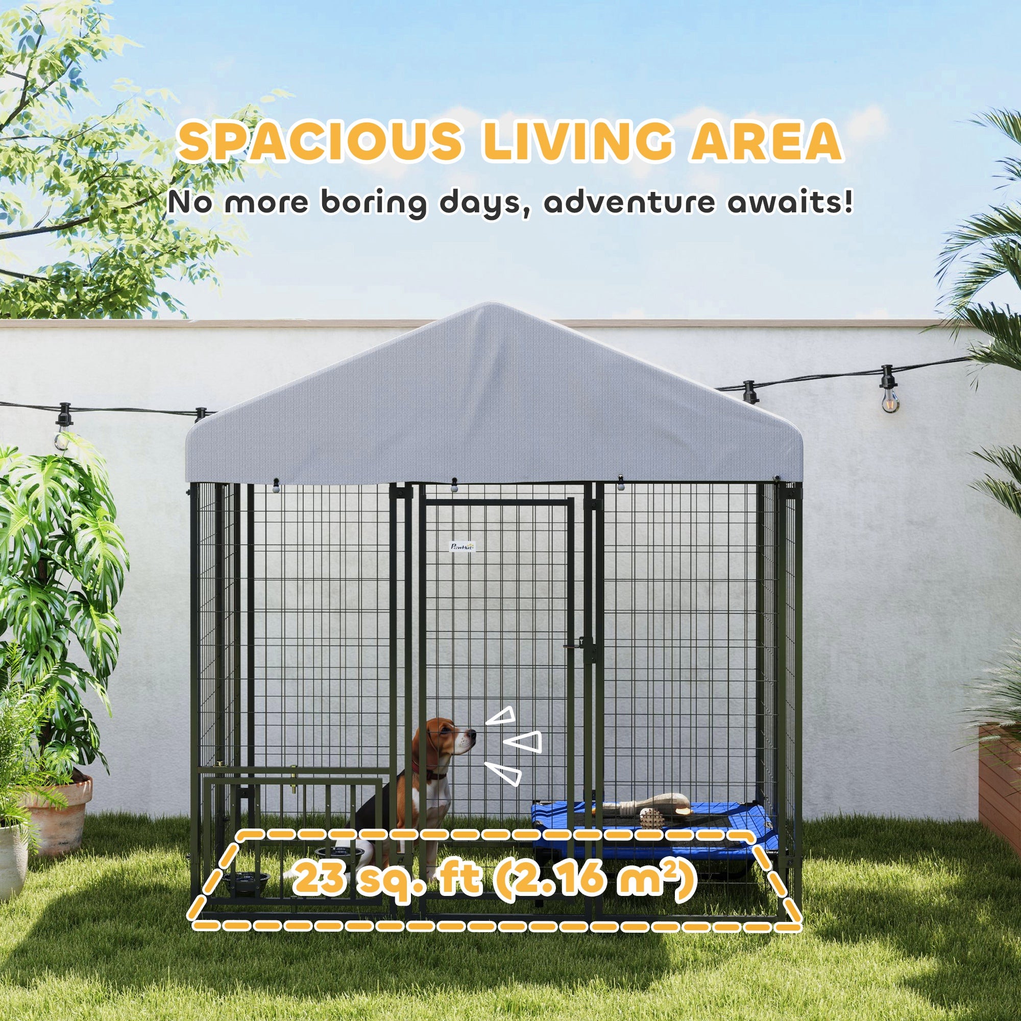 PawHut Outdoor Dog Kennel, 5.9 x 4 x 6 ft Heavy Duty Welded Wire Steel Fence Dog Run with Waterproof UV-Resistant Cover, Rotating & 4-Level Adjustable Feeding Bowls