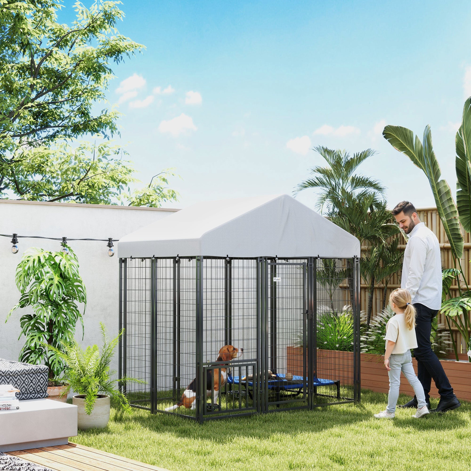 PawHut Outdoor Dog Kennel, 5.9 x 4 x 6 ft Heavy Duty Welded Wire Steel Fence Dog Run with Waterproof UV-Resistant Cover, Rotating & 4-Level Adjustable Feeding Bowls