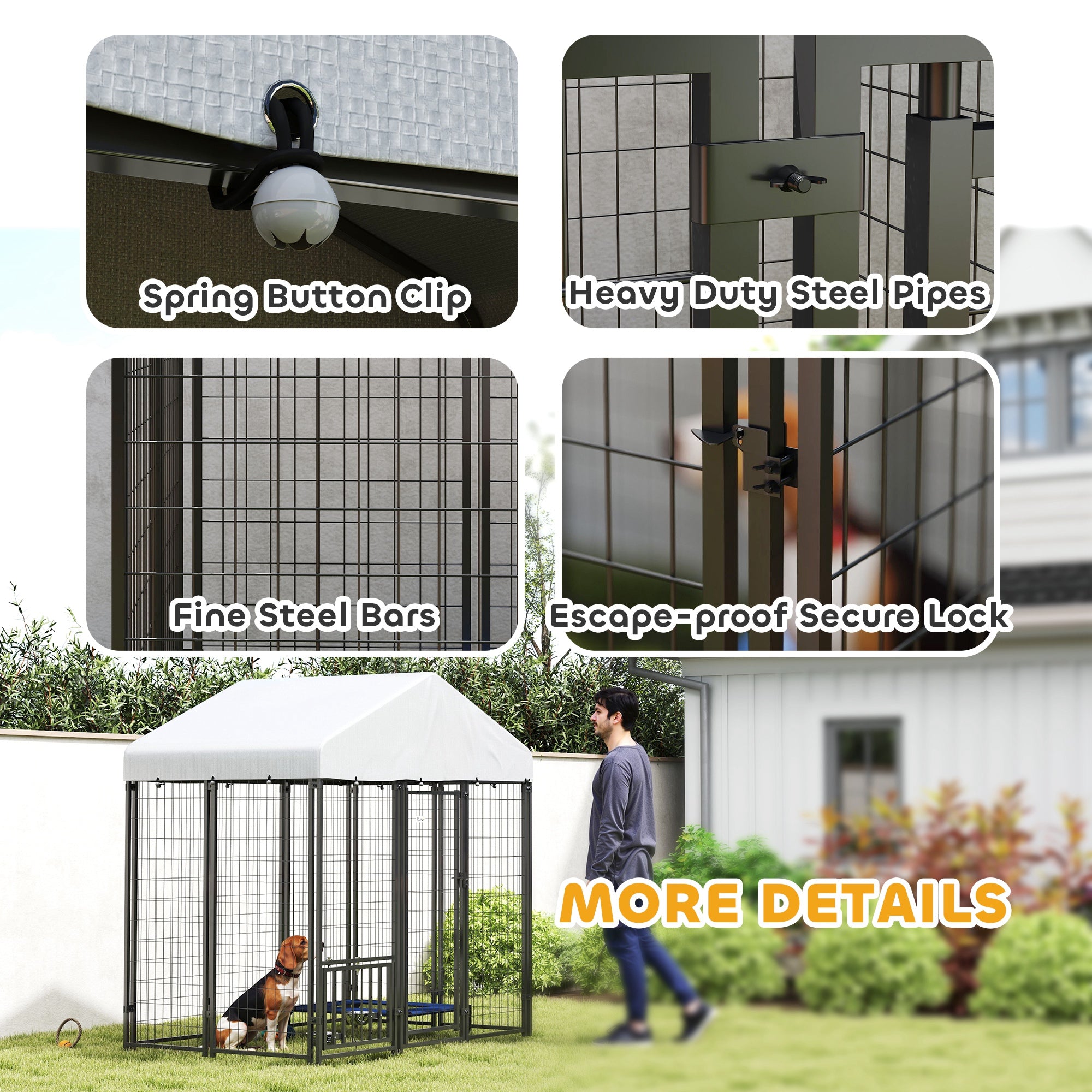 PawHut Outdoor Dog Kennel, 5.9 x 4 x 6 ft Heavy Duty Welded Wire Steel Fence Dog Run with Waterproof UV-Resistant Cover, Rotating & 4-Level Adjustable Feeding Bowls