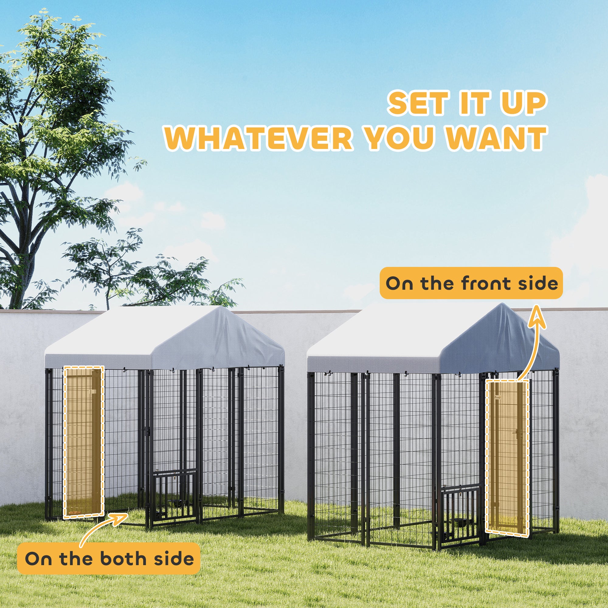 PawHut Outdoor Dog Kennel, 5.9 x 4 x 6 ft Heavy Duty Welded Wire Steel Fence Dog Run with Waterproof UV-Resistant Cover, Rotating & 4-Level Adjustable Feeding Bowls
