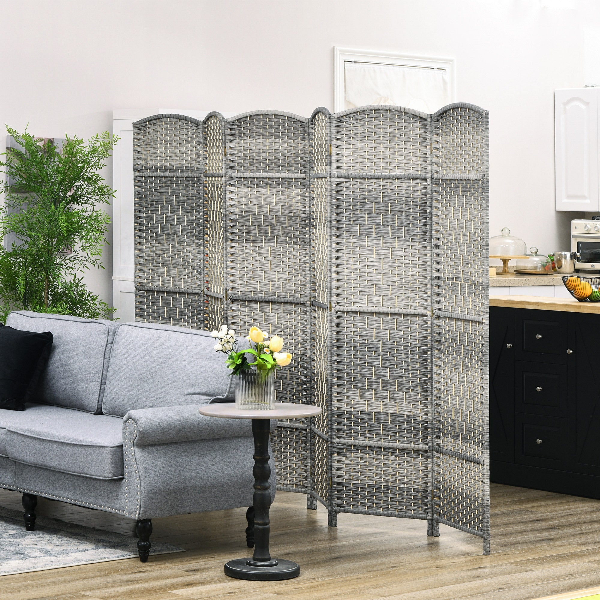 HOMCOM 6 Panels Room Divider, 6 Ft Tall Indoor Portable Folding Privacy Screens, Handwoven Freestanding Partition Wall Divider for Home Office, Gradient Grey
