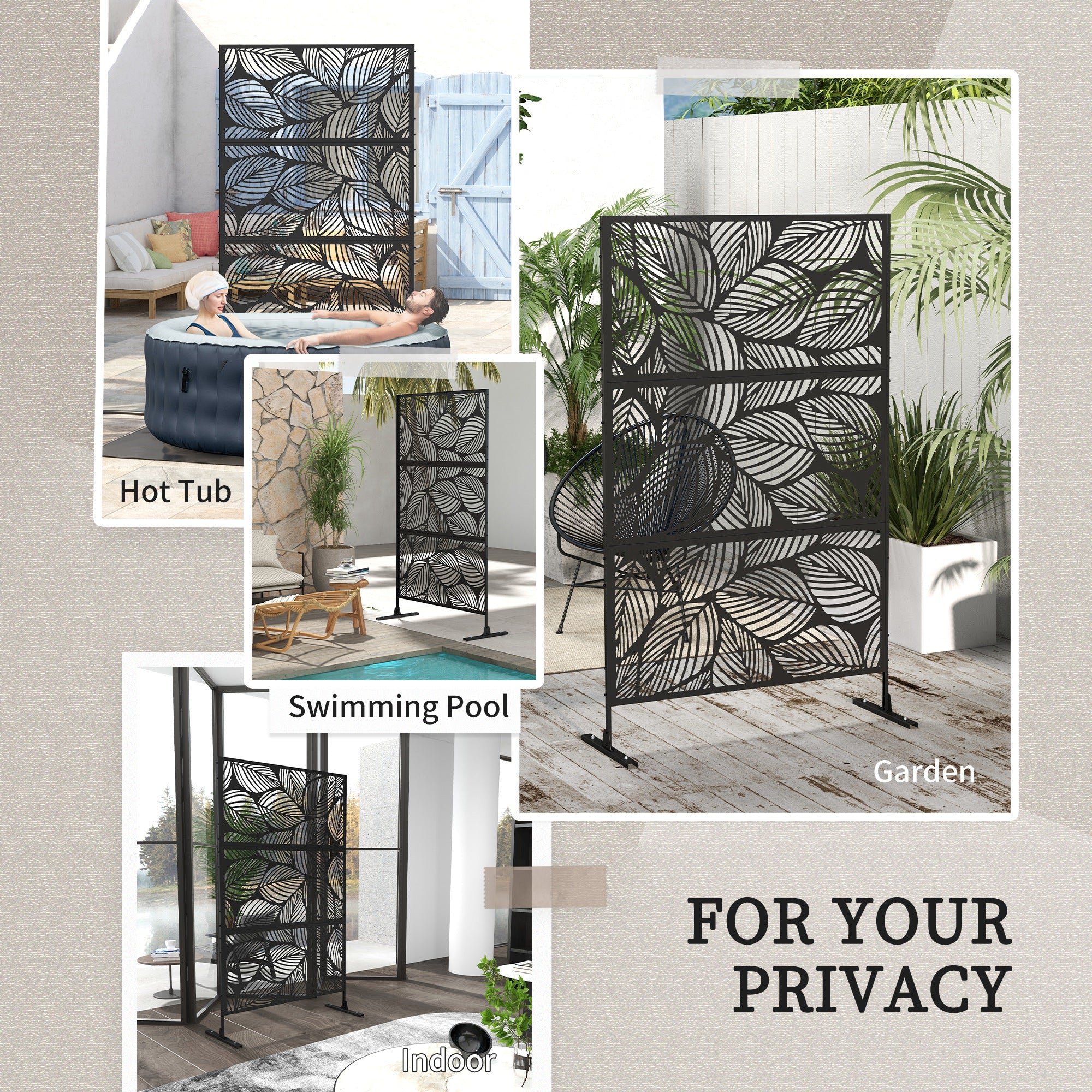 Outsunny Metal Outdoor Privacy Screen, Decorative Outdoor Divider with Stand and Expansion Screws, Freestanding Privacy Panel for Garden, Backyard, Deck, Pool, Leaf Style
