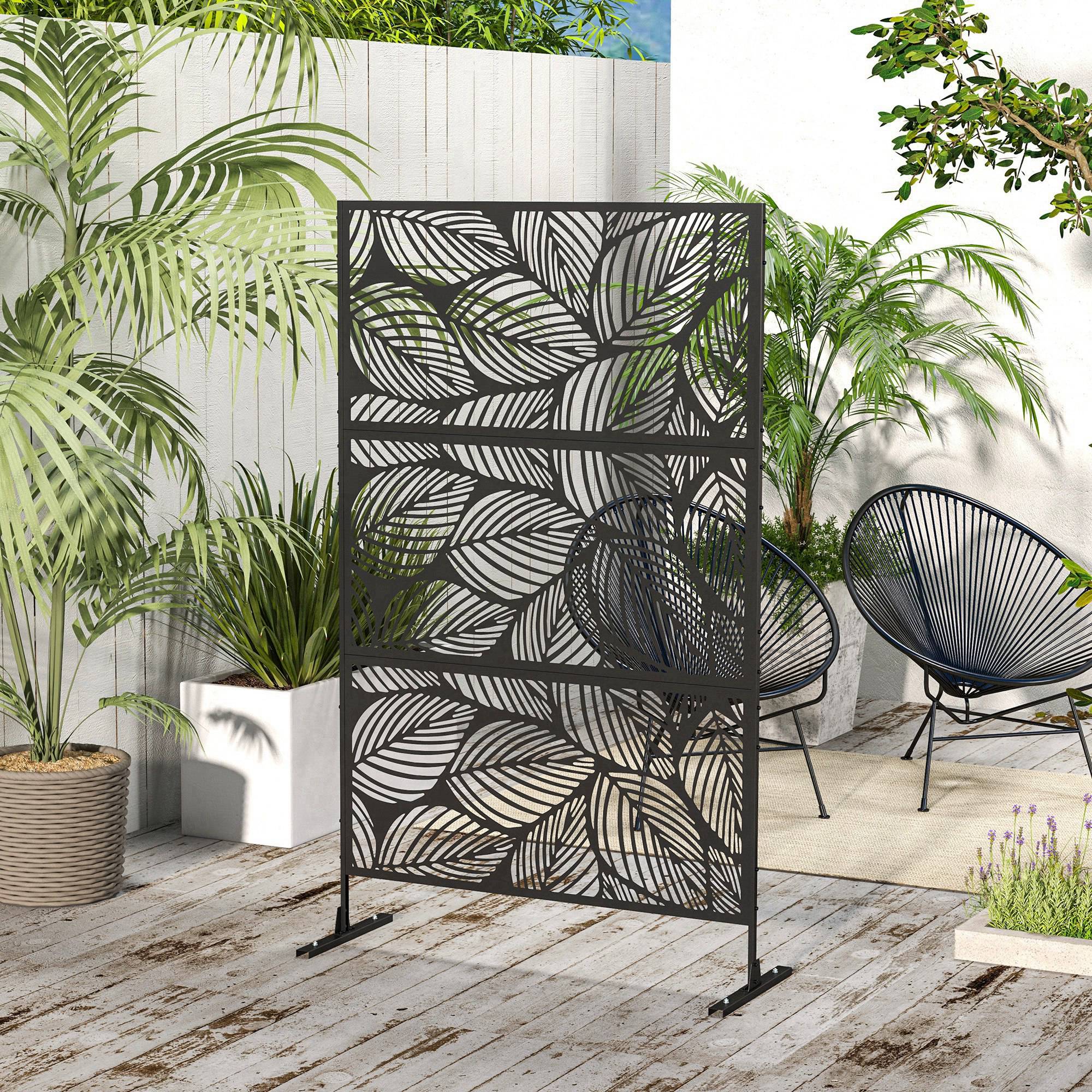 Outsunny Metal Outdoor Privacy Screen, Decorative Outdoor Divider with Stand and Expansion Screws, Freestanding Privacy Panel for Garden, Backyard, Deck, Pool, Leaf Style