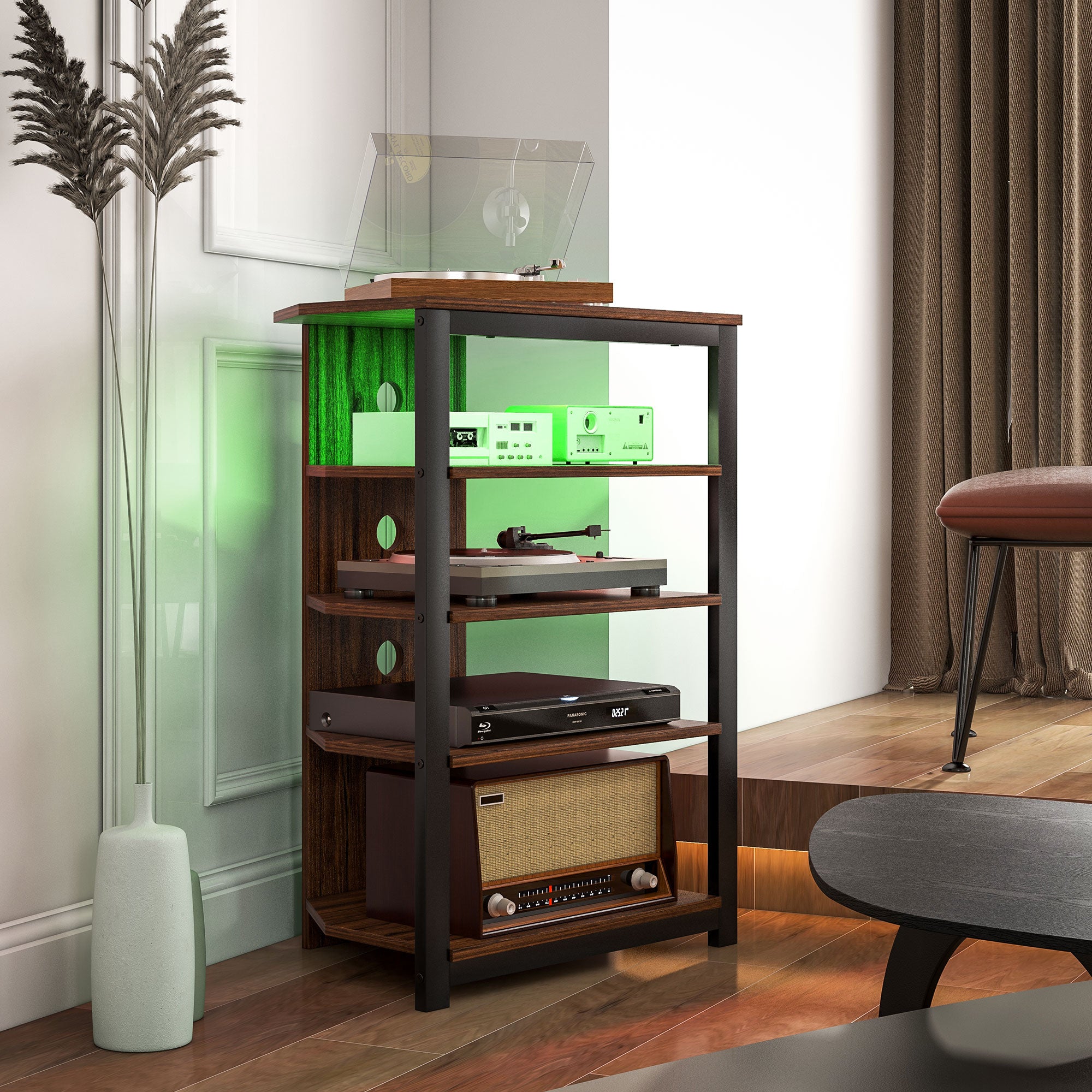 HOMCOM Media Stand with LED 4-Tier Audio Rack AV Media Corner Shelf with Cable Management for DVD Players Game Console TV Box Cable Box Xbox WiFi Router, Brown