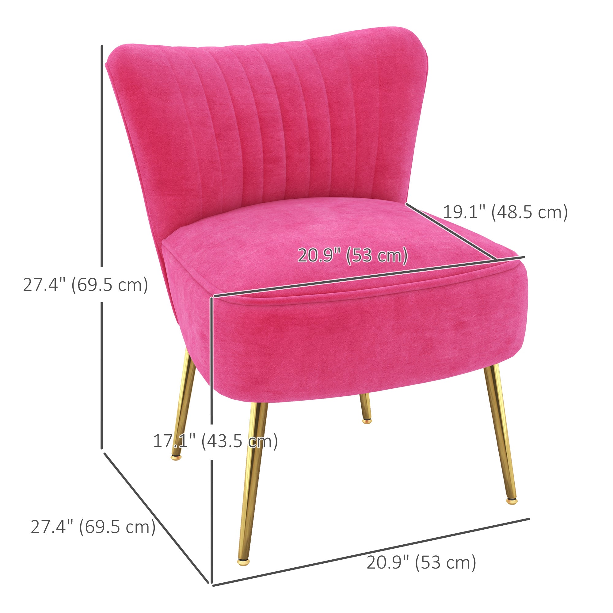 HOMCOM Modern Armless Accent Chairs Set of 2, Upholstered Slipper Chairs for Bedroom, Velvet Wingback Living Room Chairs with Gold Steel Legs and Tufted Back, Pink