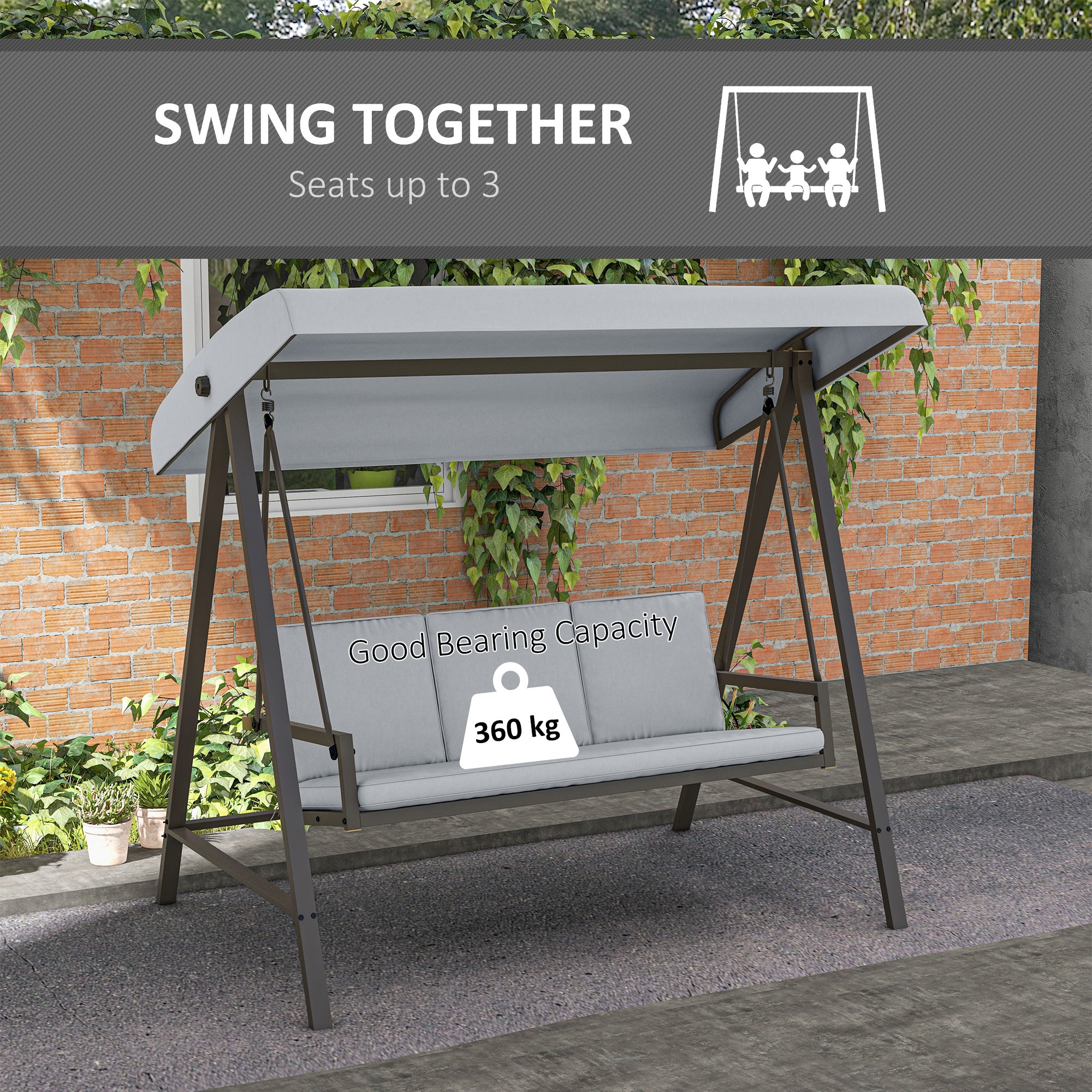Outsunny 3 Seater Patio Swing Chair, Porch Swing with Adjustable Canopy, Removable Cushions and Steel Frame, Outdoor Swing Seat for Garden, Backyard, Lawn, Light Grey