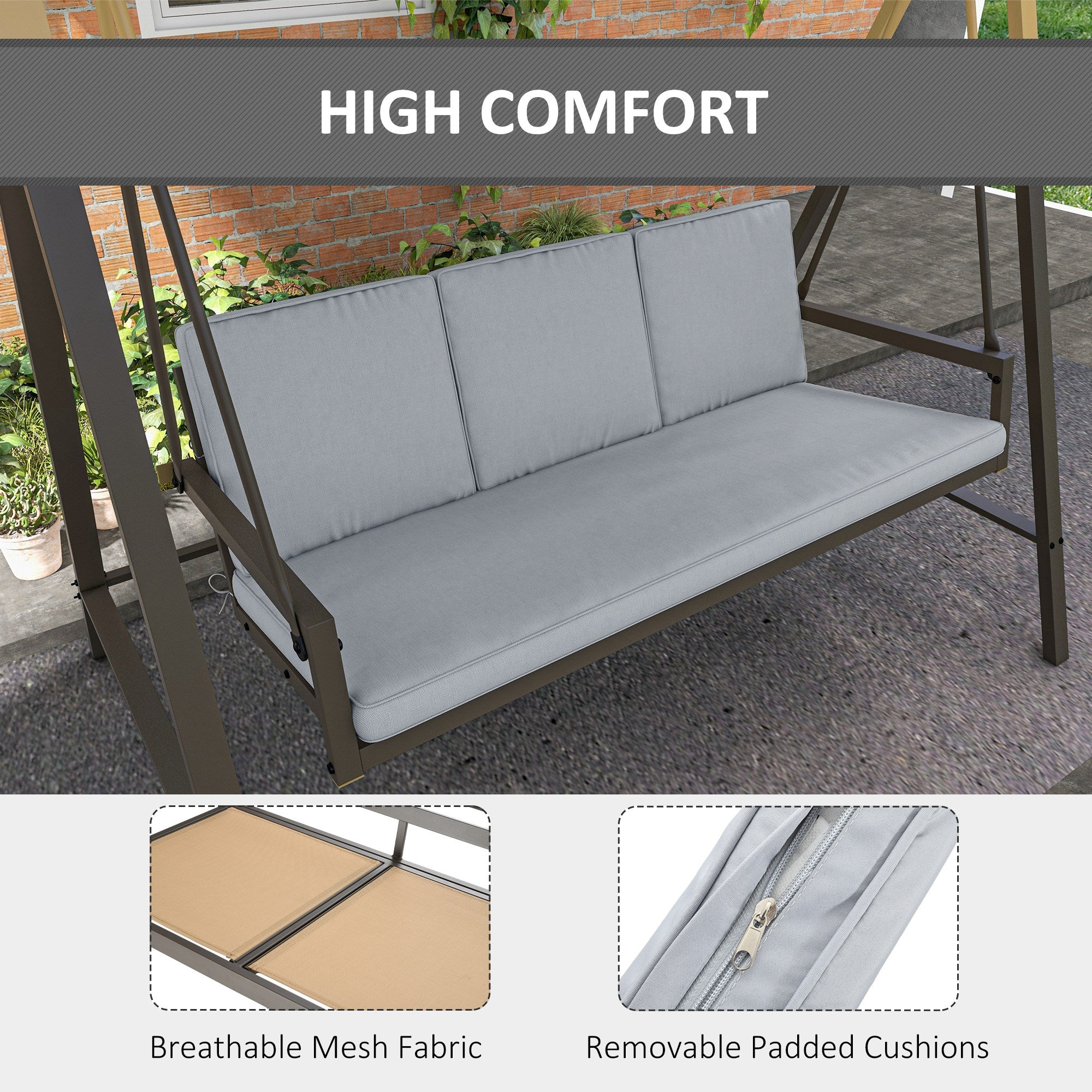 Outsunny 3 Seater Patio Swing Chair, Porch Swing with Adjustable Canopy, Removable Cushions and Steel Frame, Outdoor Swing Seat for Garden, Backyard, Lawn, Light Grey