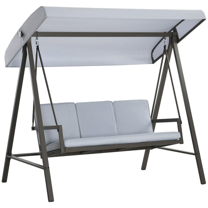 Outsunny 3 Seater Patio Swing Chair, Porch Swing with Adjustable Canopy, Removable Cushions and Steel Frame, Outdoor Swing Seat for Garden, Backyard, Lawn, Light Grey