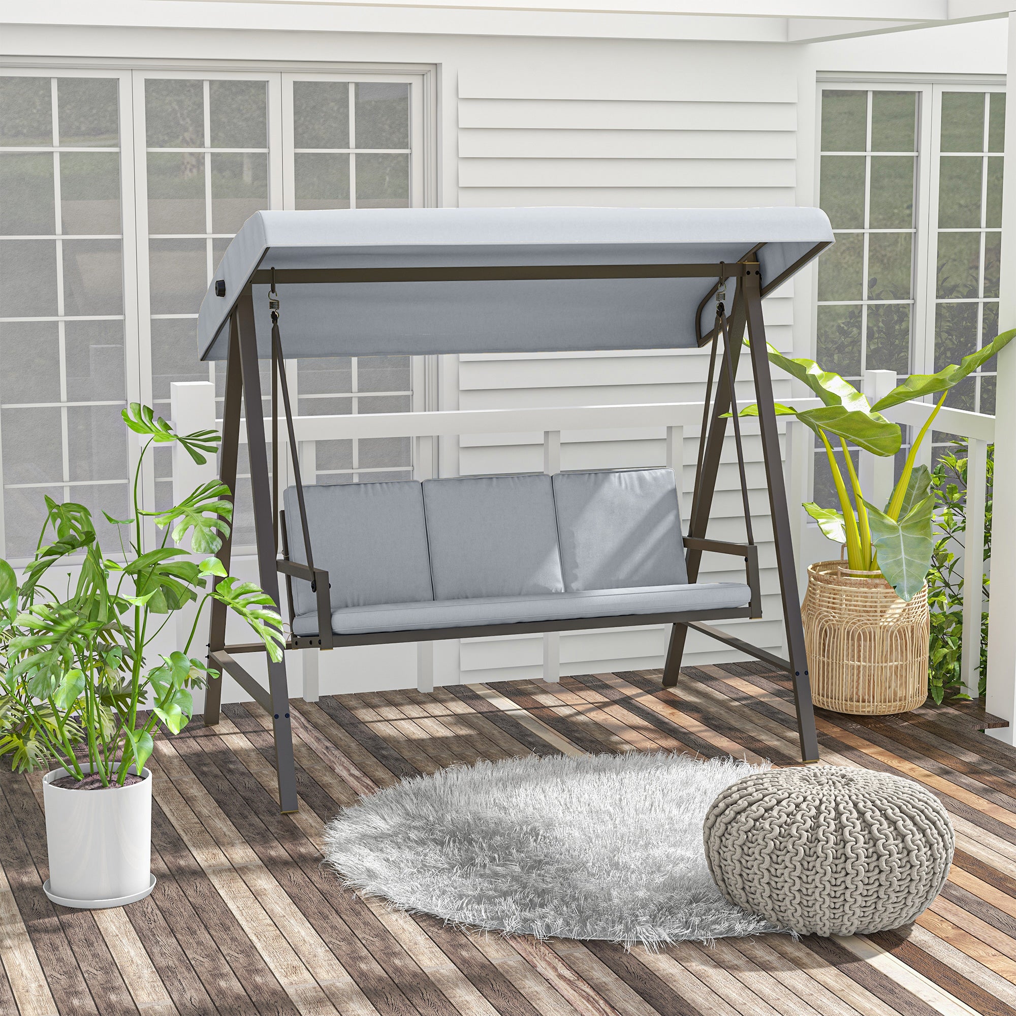 Outsunny 3 Seater Patio Swing Chair, Porch Swing with Adjustable Canopy, Removable Cushions and Steel Frame, Outdoor Swing Seat for Garden, Backyard, Lawn, Light Grey