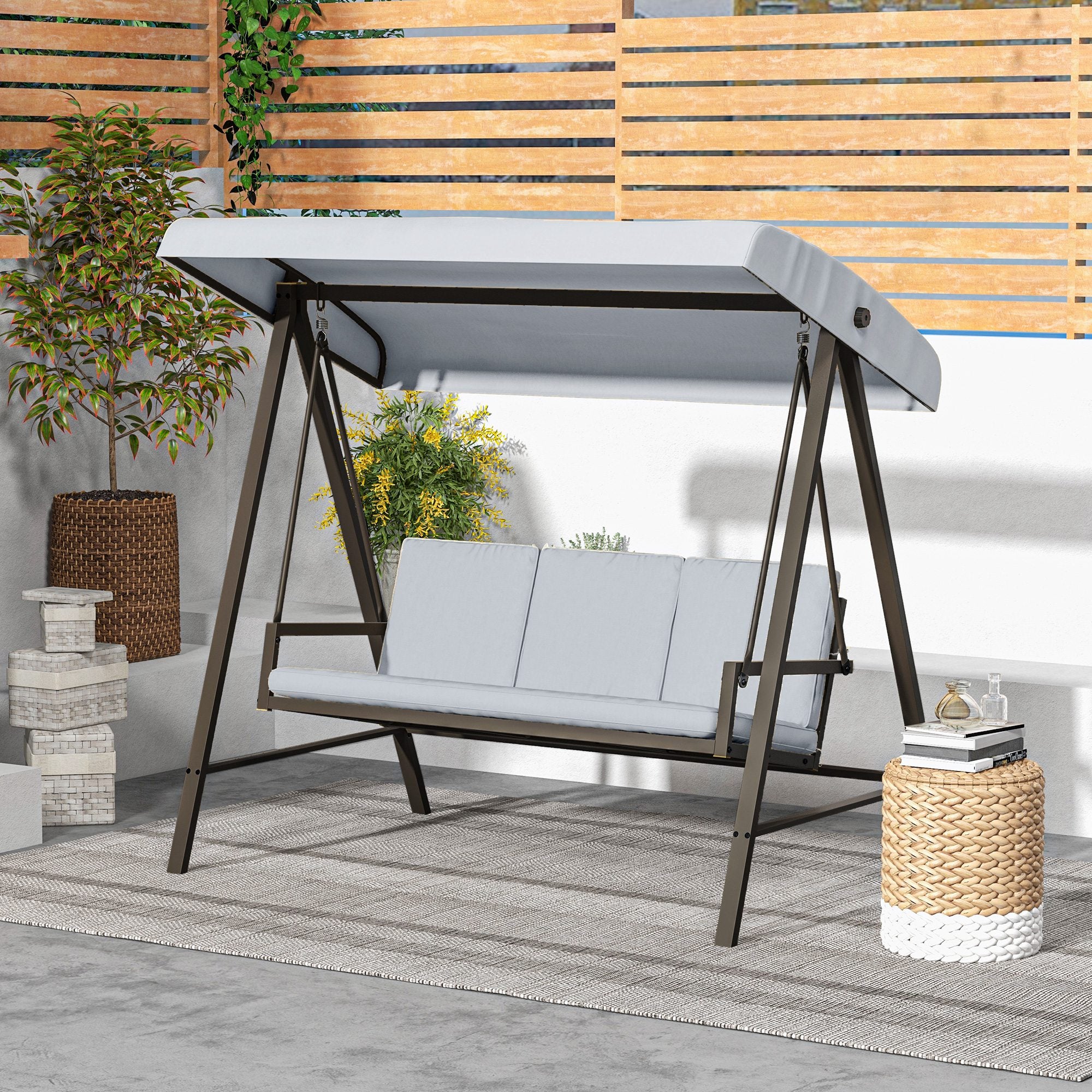 Outsunny 3 Seater Patio Swing Chair, Porch Swing with Adjustable Canopy, Removable Cushions and Steel Frame, Outdoor Swing Seat for Garden, Backyard, Lawn, Light Grey