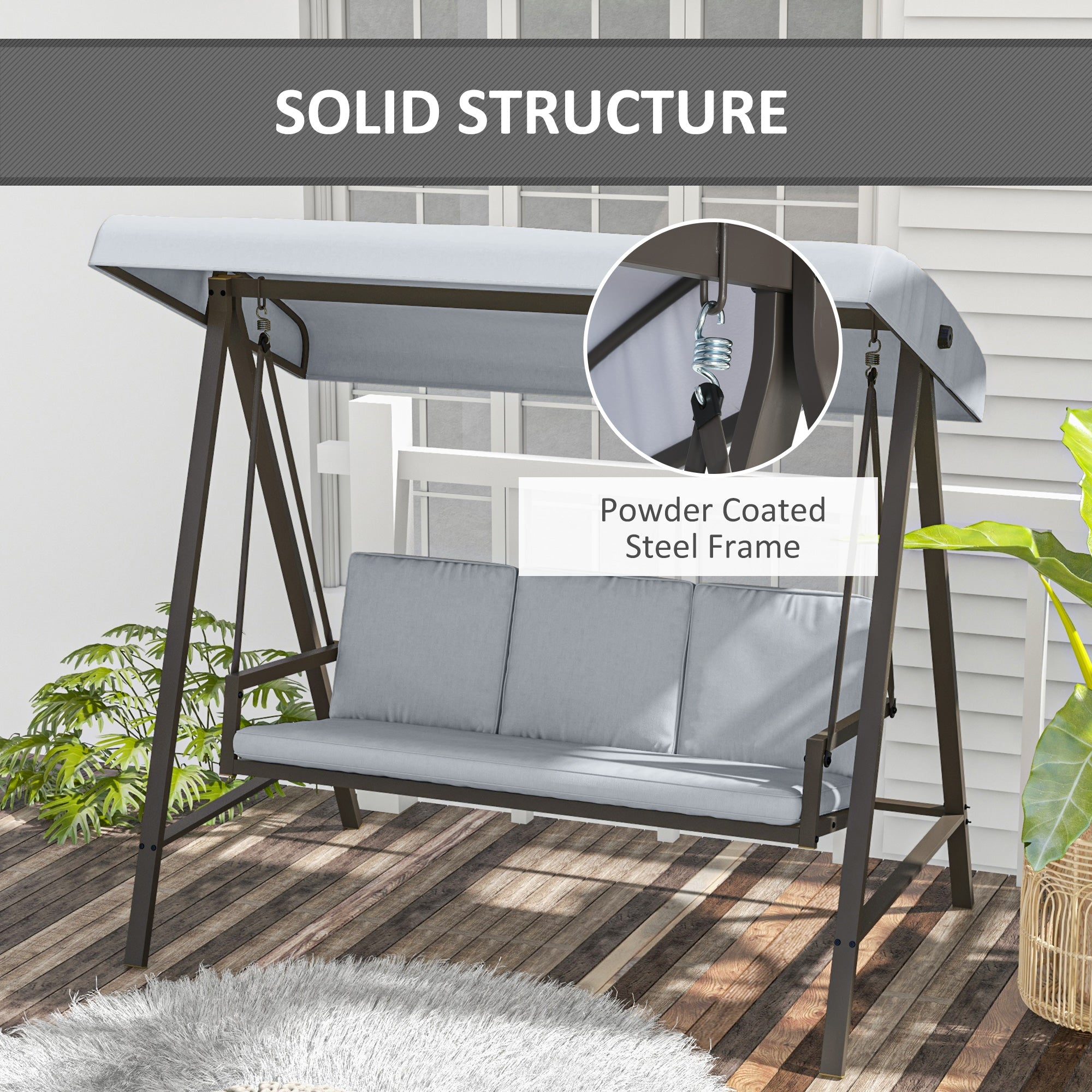 Outsunny 3 Seater Patio Swing Chair, Porch Swing with Adjustable Canopy, Removable Cushions and Steel Frame, Outdoor Swing Seat for Garden, Backyard, Lawn, Light Grey