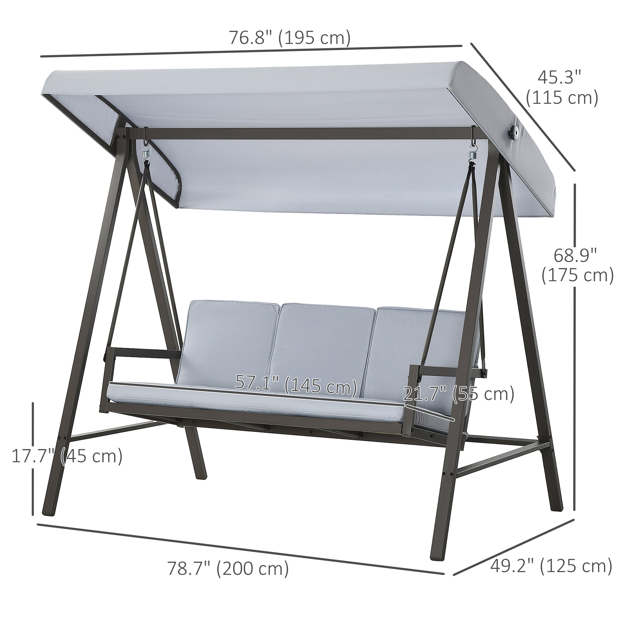 Outsunny 3 Seater Patio Swing Chair, Porch Swing with Adjustable Canopy, Removable Cushions and Steel Frame, Outdoor Swing Seat for Garden, Backyard, Lawn, Light Grey
