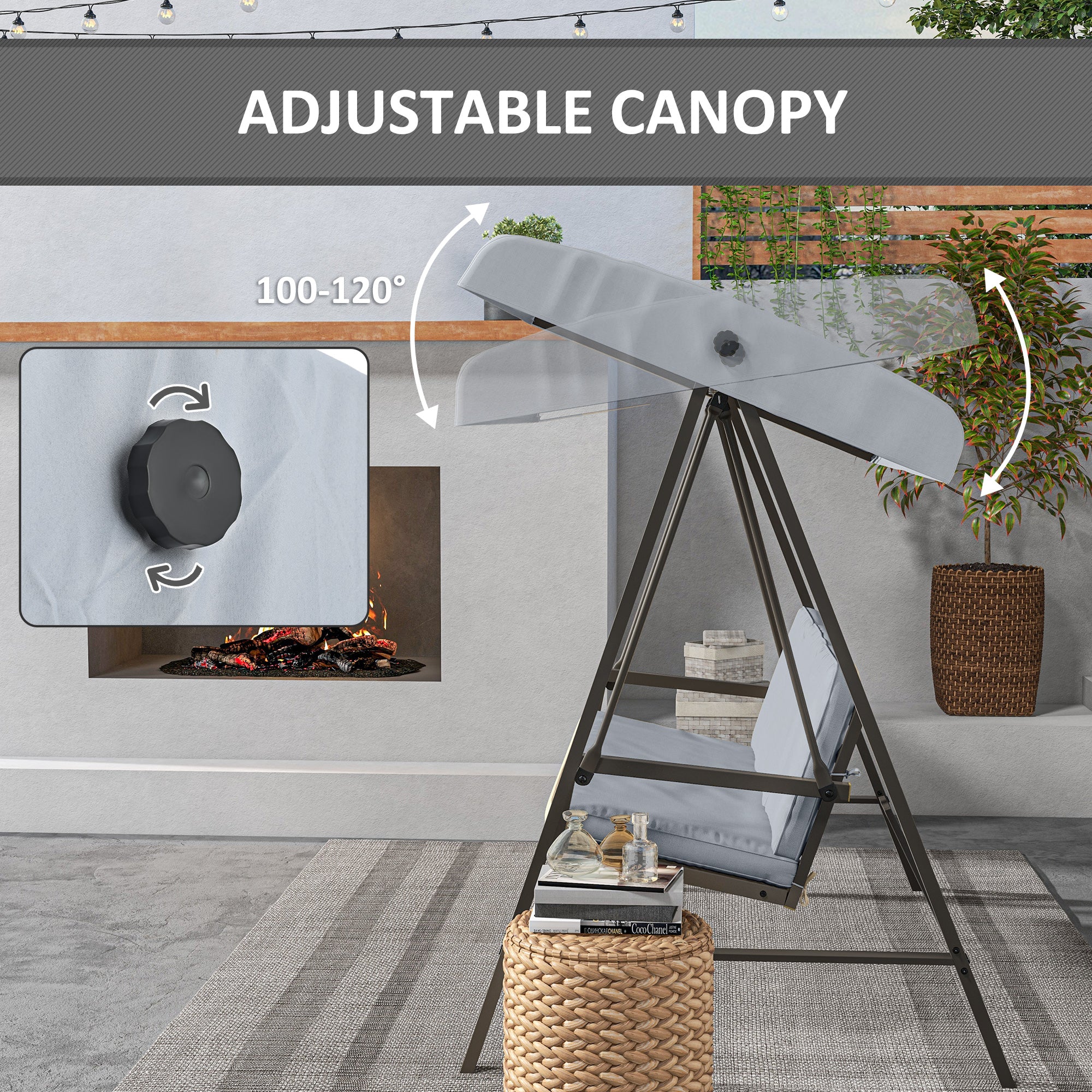 Outsunny 3 Seater Patio Swing Chair, Porch Swing with Adjustable Canopy, Removable Cushions and Steel Frame, Outdoor Swing Seat for Garden, Backyard, Lawn, Light Grey