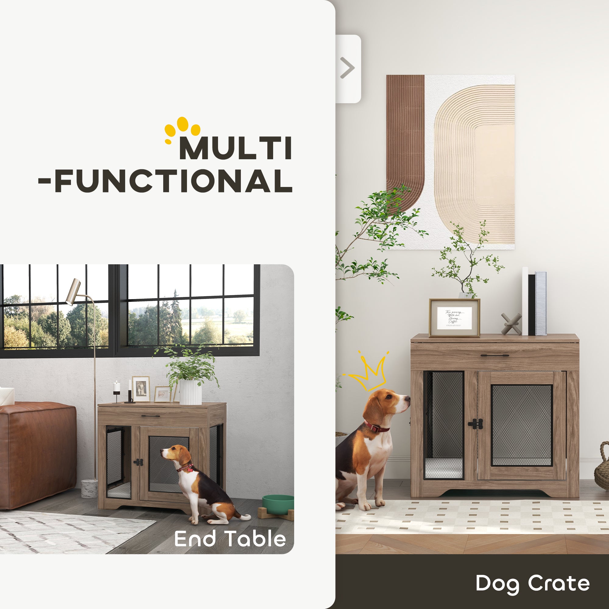 PawHut Dog Crate Furniture with Soft Water-Resistant Cushion, Dog Kennel End Table with Drawer, Puppy Crate for Small Dogs Indoor with 2 Doors, Brown