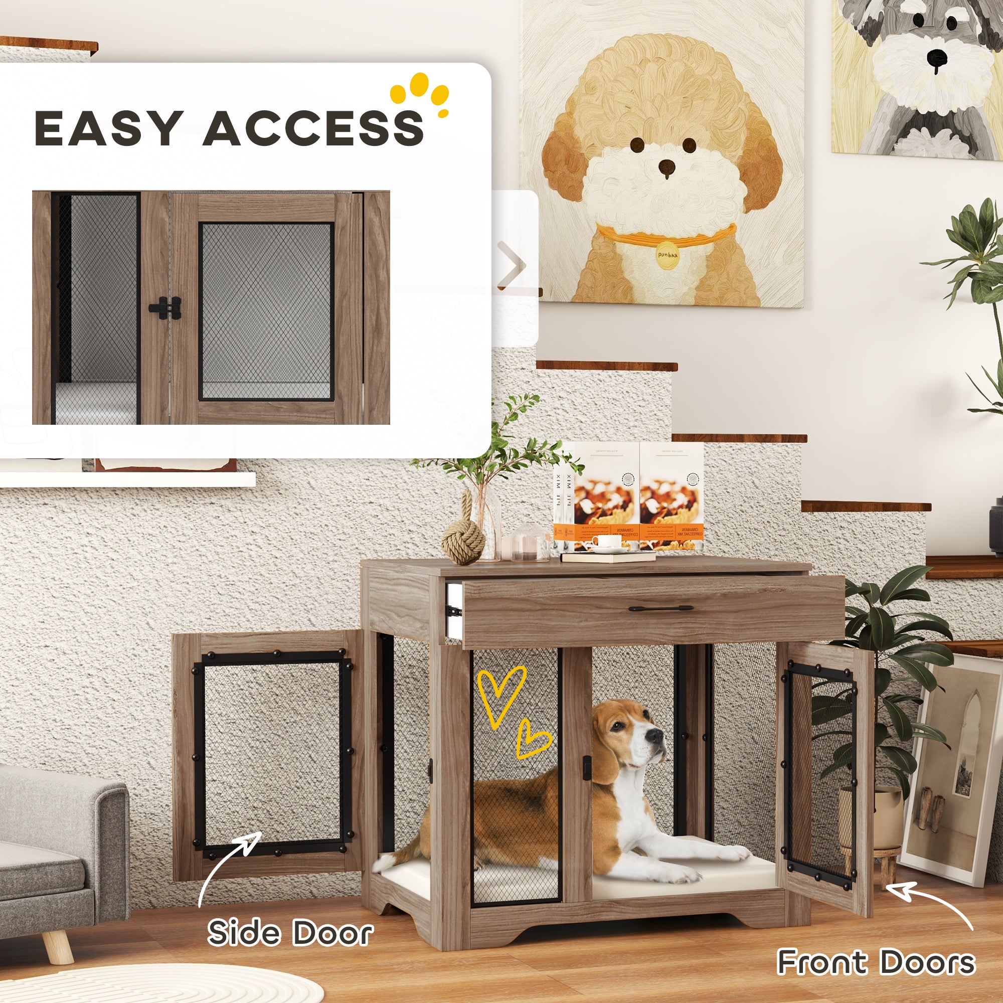 PawHut Dog Crate Furniture with Soft Water-Resistant Cushion, Dog Kennel End Table with Drawer, Puppy Crate for Small Dogs Indoor with 2 Doors, Brown