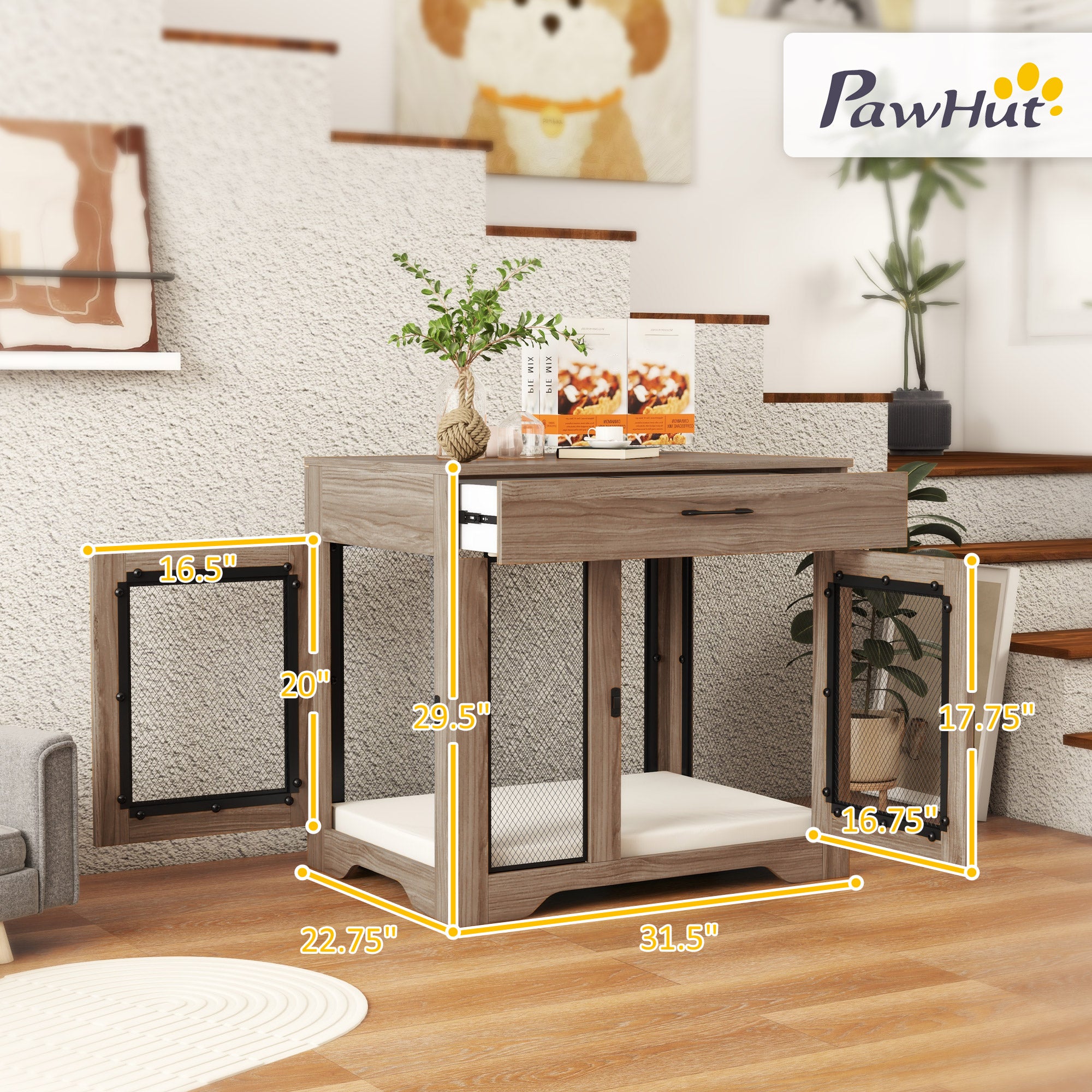 PawHut Dog Crate Furniture with Soft Water-Resistant Cushion, Dog Kennel End Table with Drawer, Puppy Crate for Small Dogs Indoor with 2 Doors, Brown
