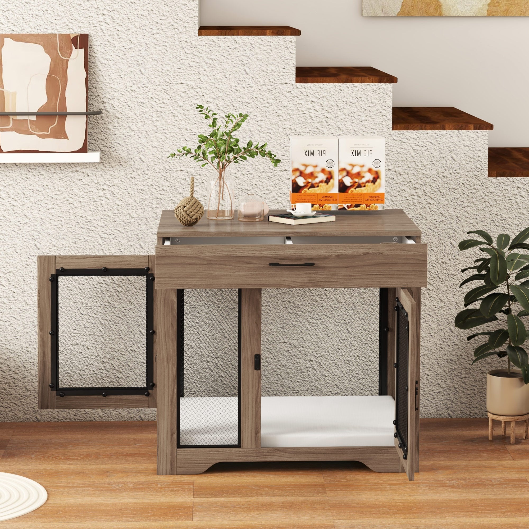 PawHut Dog Crate Furniture with Soft Water-Resistant Cushion, Dog Kennel End Table with Drawer, Puppy Crate for Small Dogs Indoor with 2 Doors, Brown