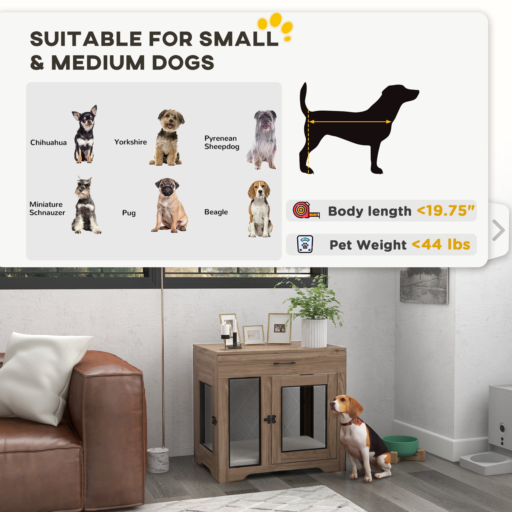 PawHut Dog Crate Furniture with Soft Water-Resistant Cushion, Dog Kennel End Table with Drawer, Puppy Crate for Small Dogs Indoor with 2 Doors, Brown