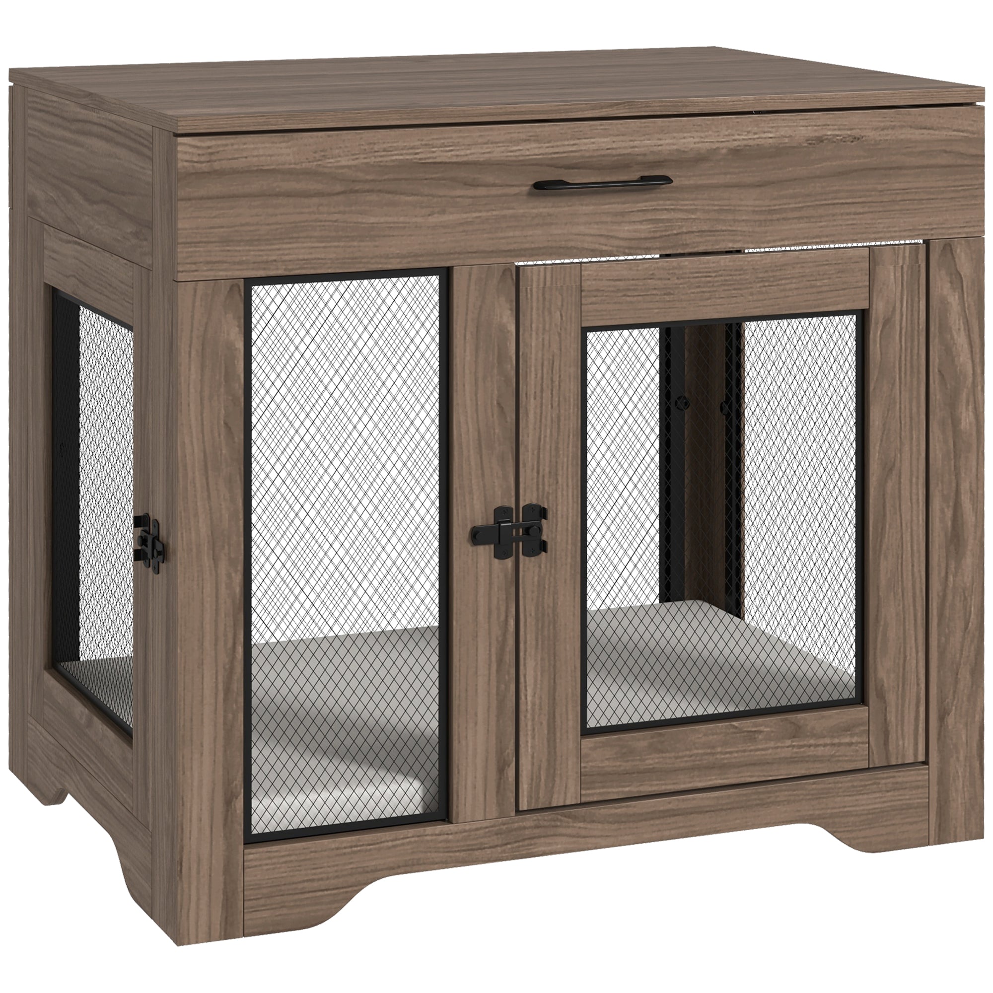 PawHut Dog Crate Furniture with Soft Water-Resistant Cushion, Dog Kennel End Table with Drawer, Puppy Crate for Small Dogs Indoor with 2 Doors, Brown