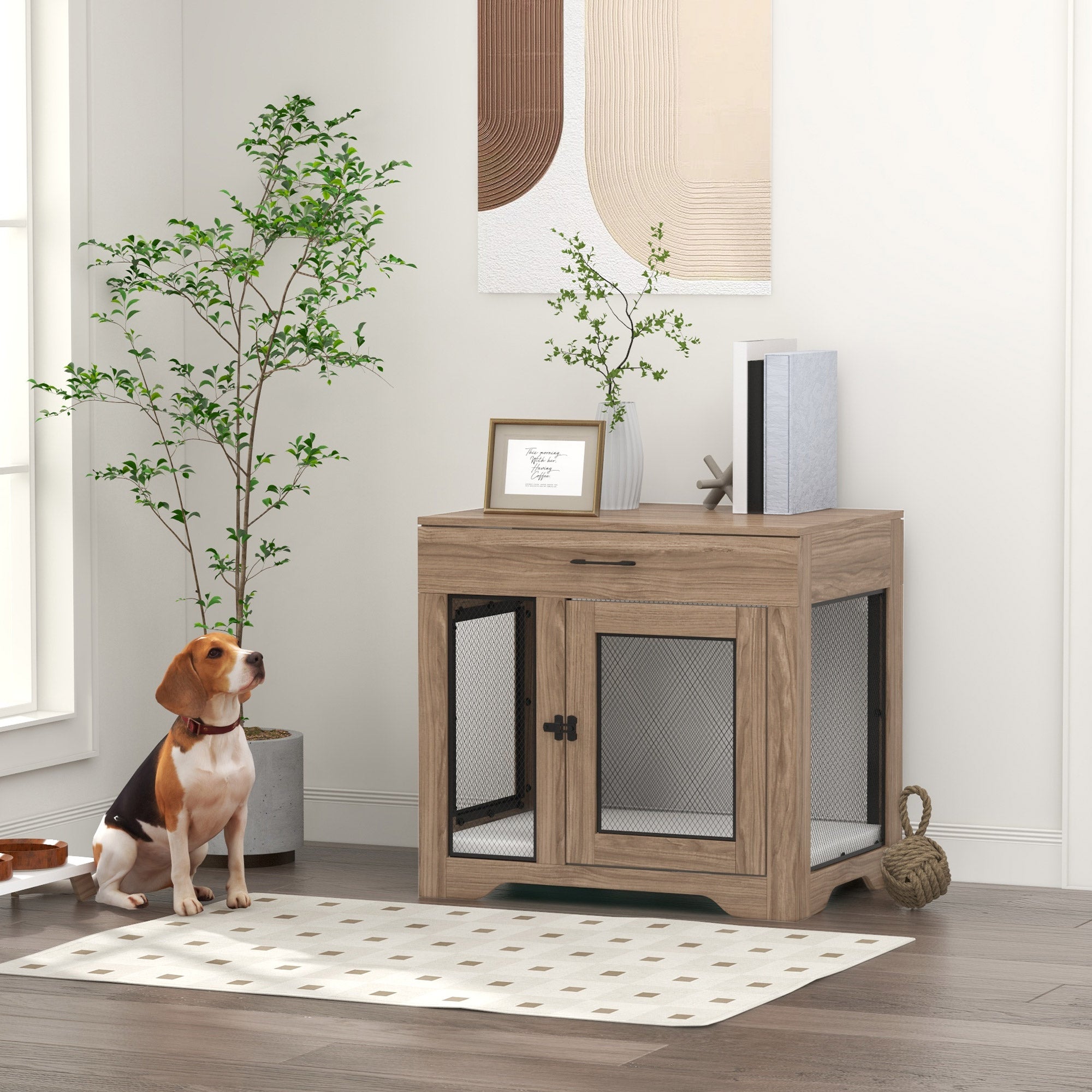PawHut Dog Crate Furniture with Soft Water-Resistant Cushion, Dog Kennel End Table with Drawer, Puppy Crate for Small Dogs Indoor with 2 Doors, Brown