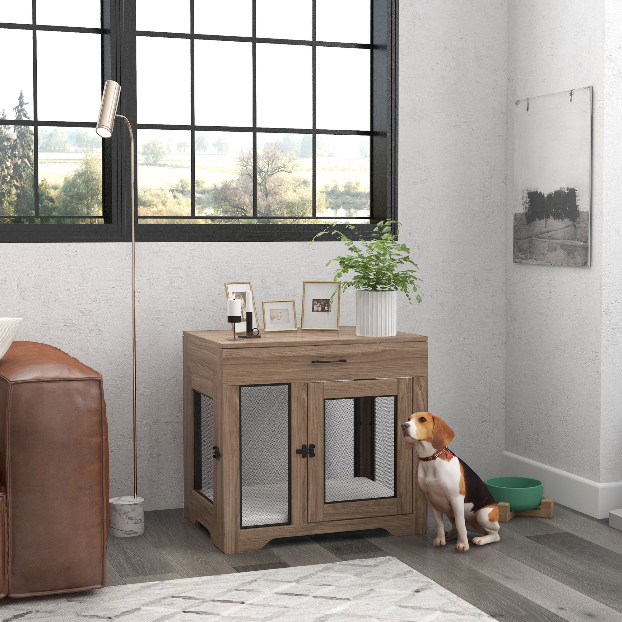 PawHut Dog Crate Furniture with Soft Water-Resistant Cushion, Dog Kennel End Table with Drawer, Puppy Crate for Small Dogs Indoor with 2 Doors, Brown