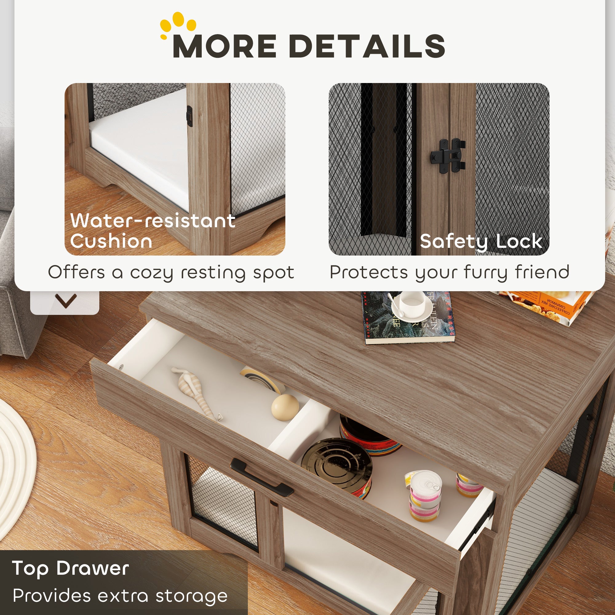 PawHut Dog Crate Furniture with Soft Water-Resistant Cushion, Dog Kennel End Table with Drawer, Puppy Crate for Small Dogs Indoor with 2 Doors, Brown