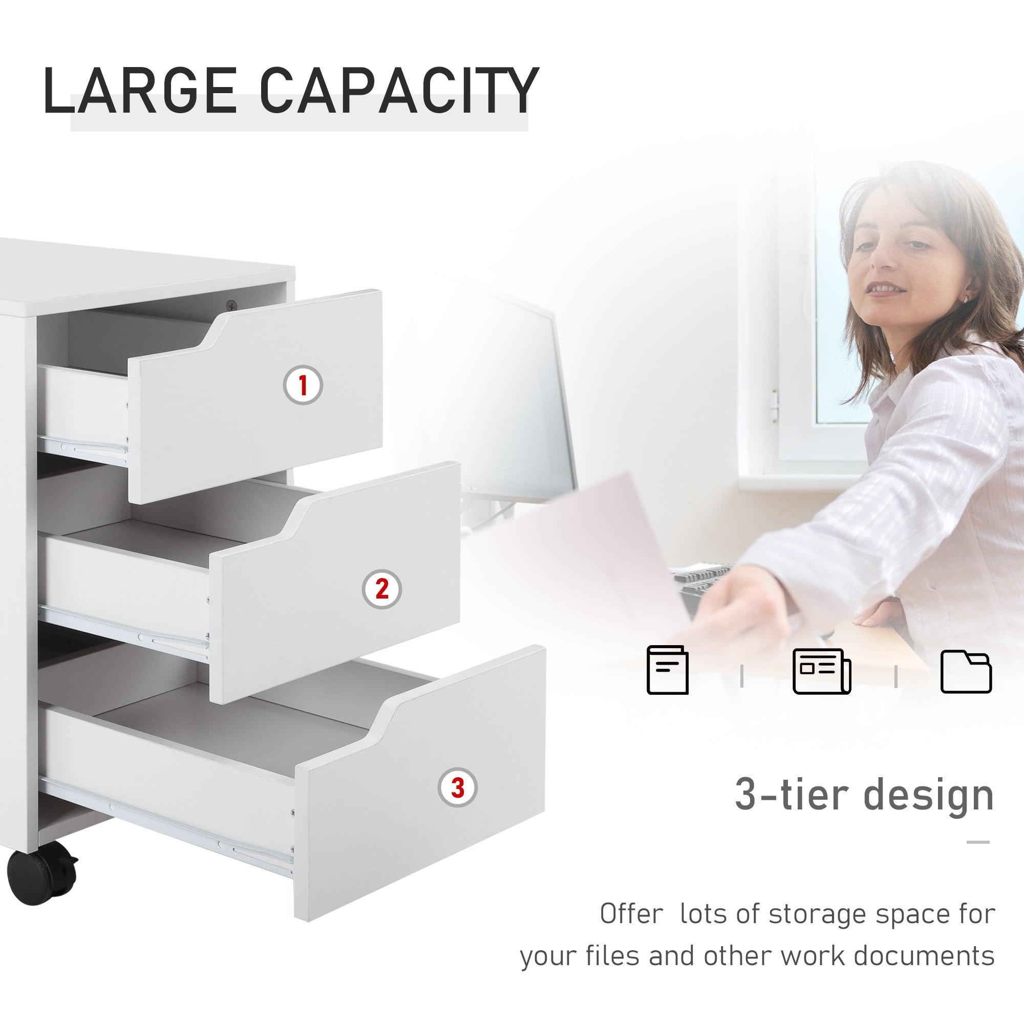 HOMCOM 3 Drawer File Cabinet, Mobile Vertical Filing Cabinet with Wheels, Office Storage Cabinet, White