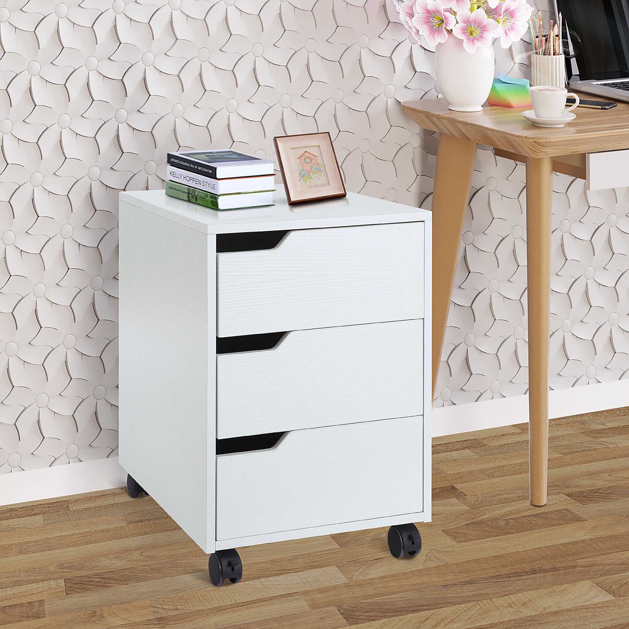 HOMCOM 3 Drawer File Cabinet, Mobile Vertical Filing Cabinet with Wheels, Office Storage Cabinet, White