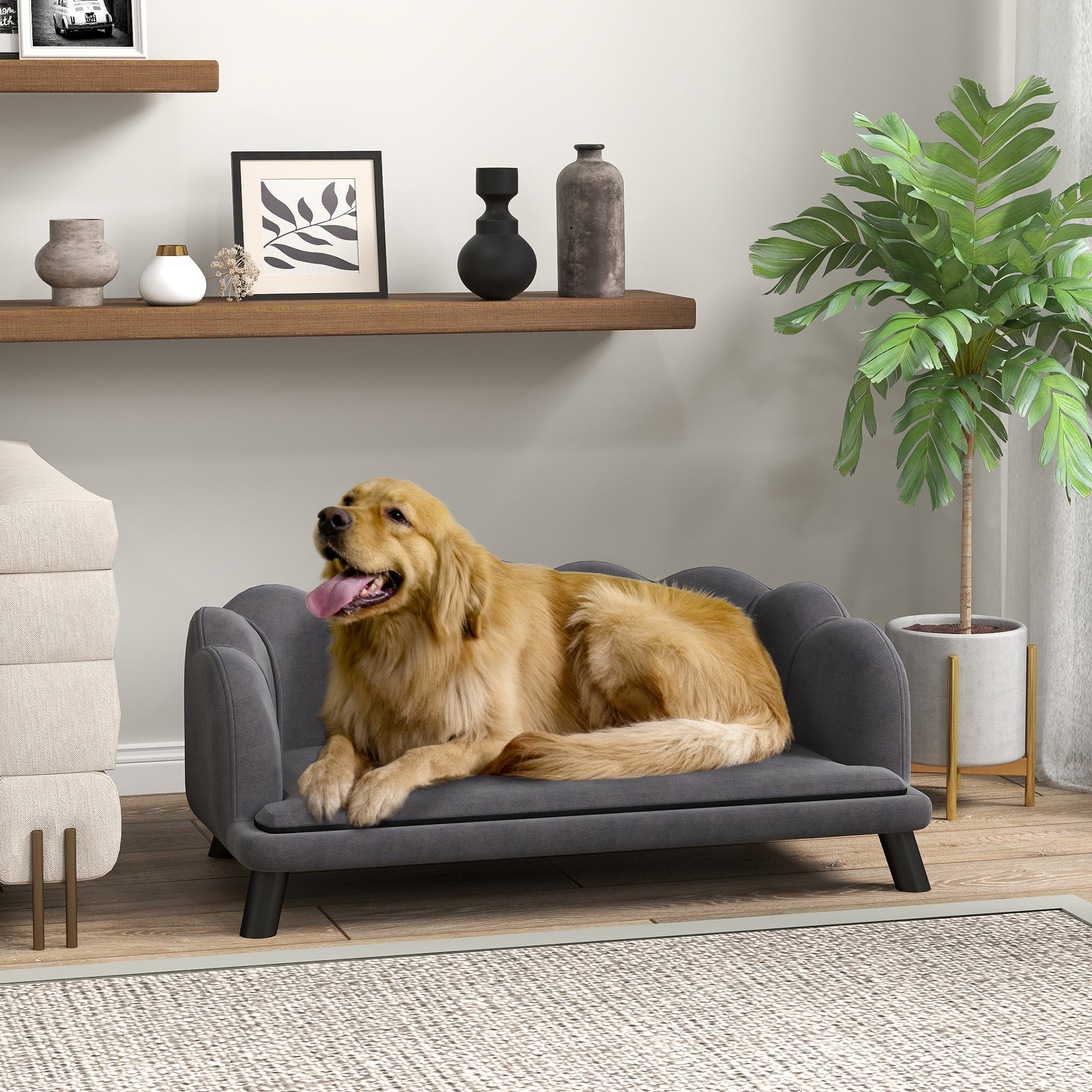 PawHut Dog Couch Pet Sofa Cat Bed with Removable Cushion Wood Legs for Medium and Large Dogs, Dark Grey
