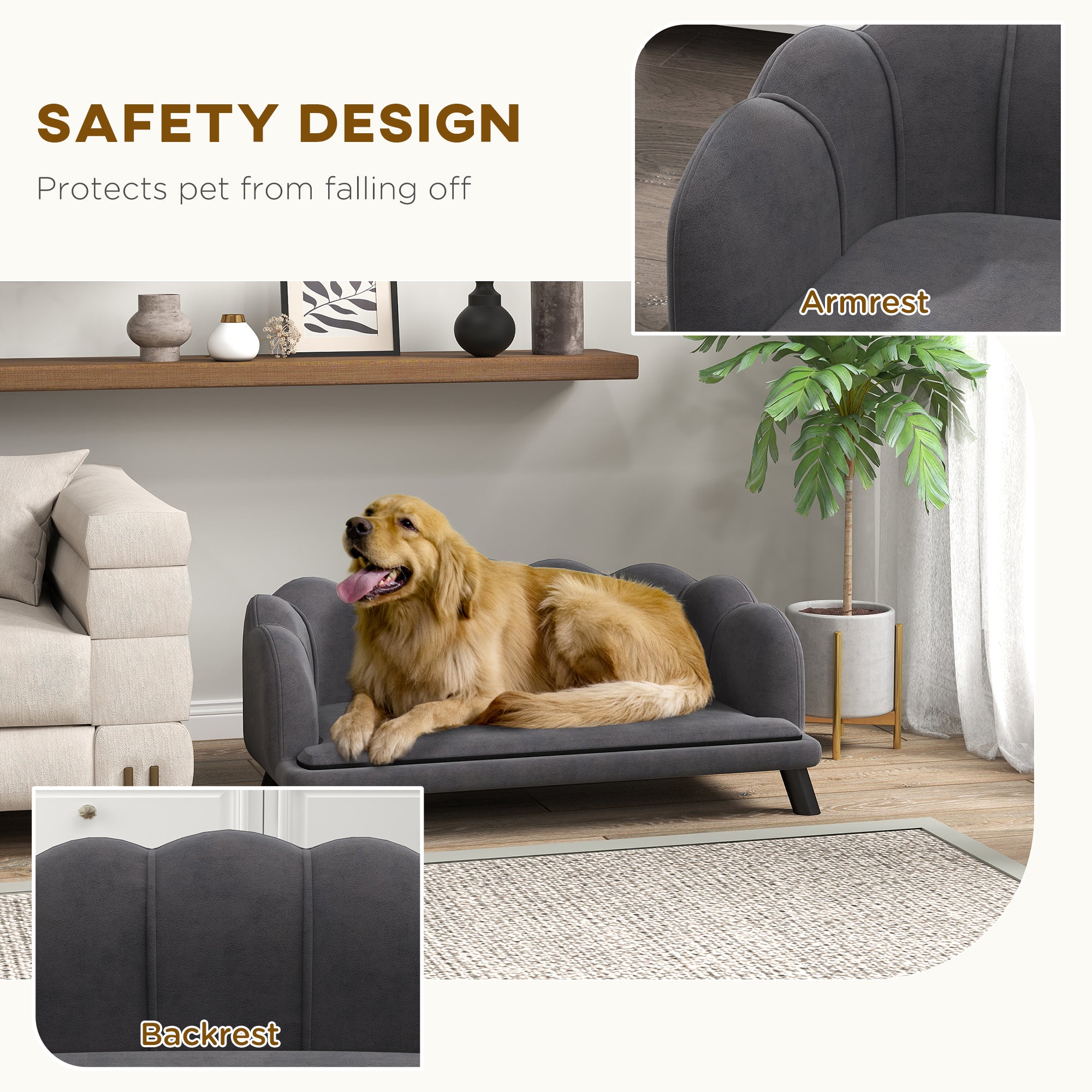 PawHut Dog Couch Pet Sofa Cat Bed with Removable Cushion Wood Legs for Medium and Large Dogs, Dark Grey