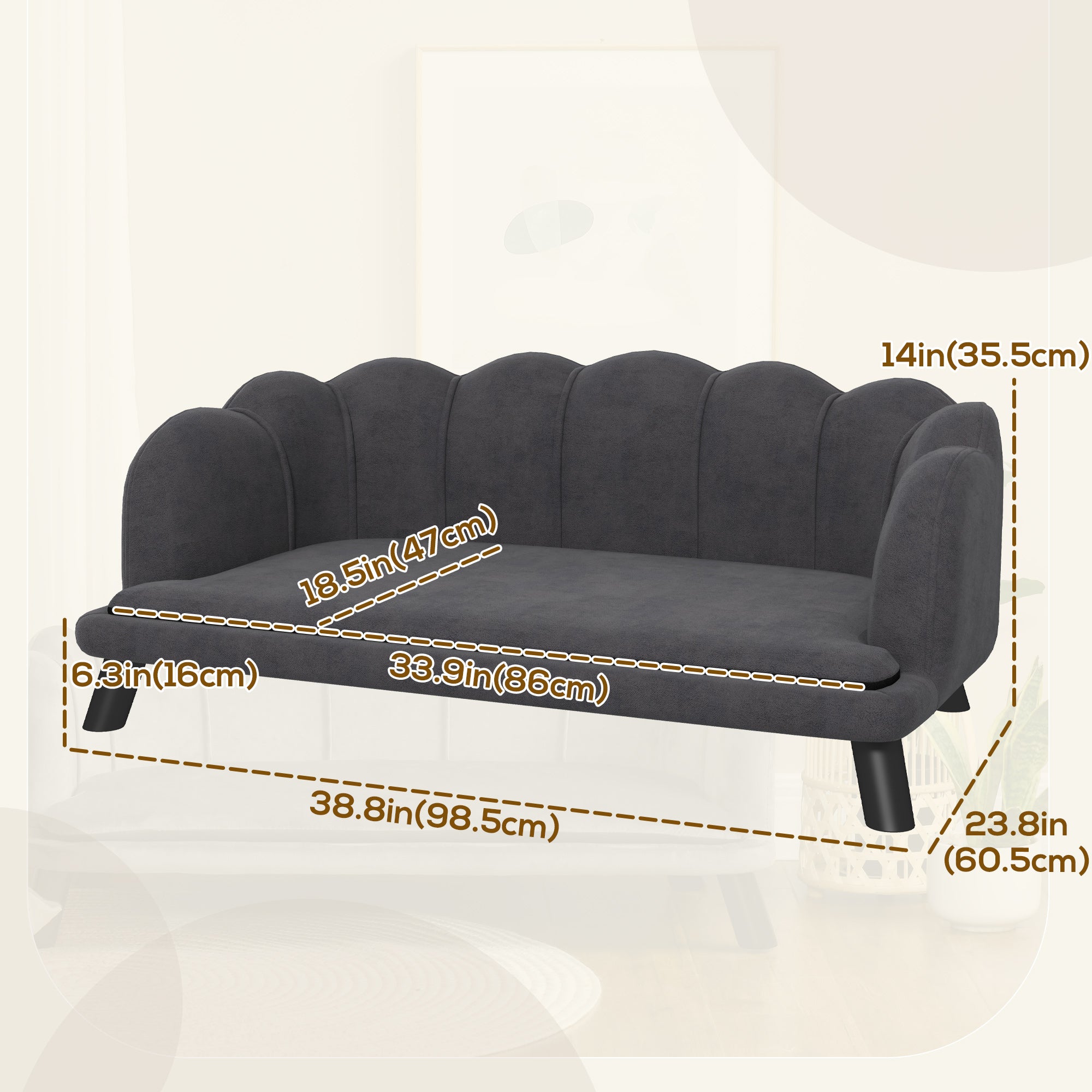 PawHut Dog Couch Pet Sofa Cat Bed with Removable Cushion Wood Legs for Medium and Large Dogs, Dark Grey