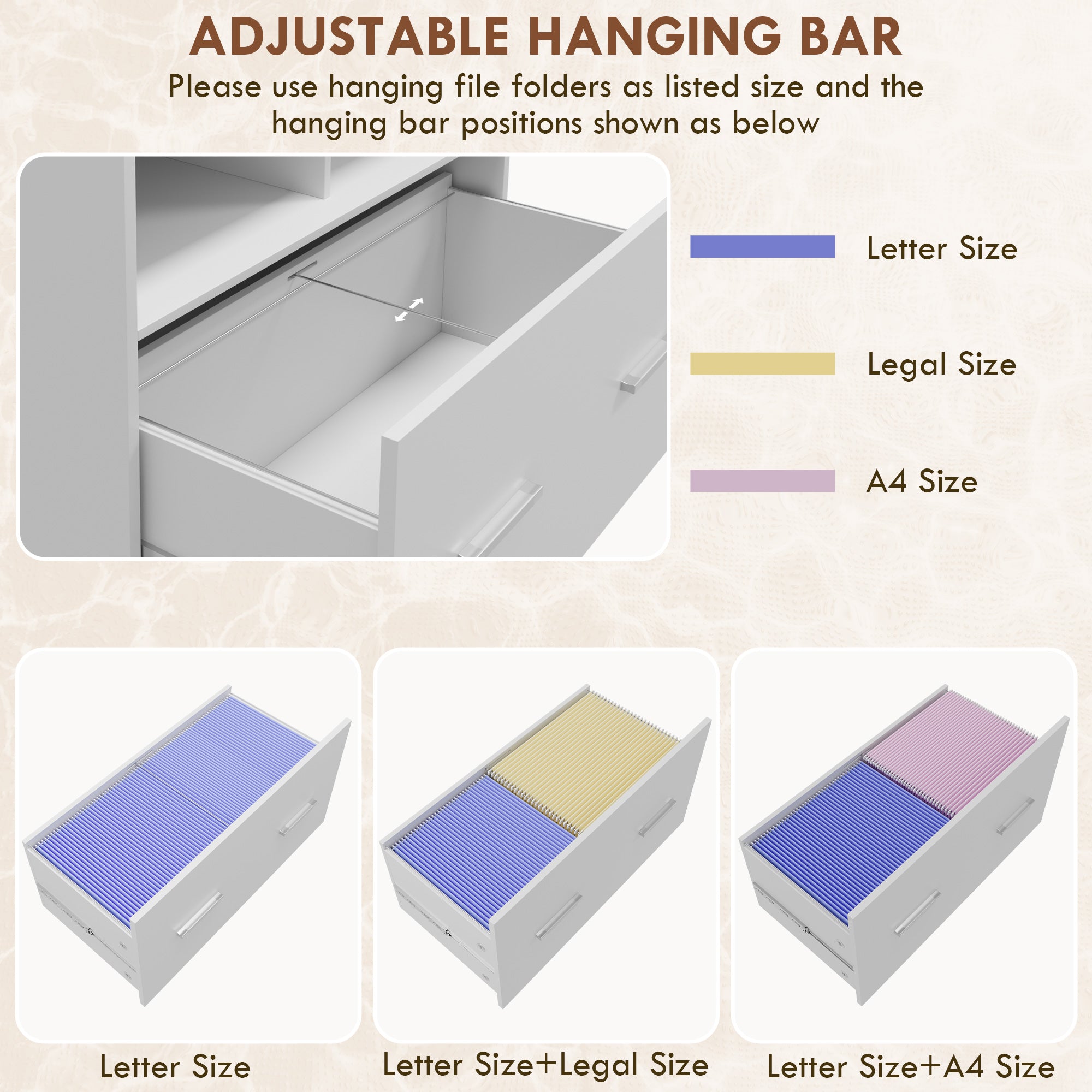 Vinsetto Lateral Filing Cabinet with Wheels and Open Storage Shelf, Mobile File Cabinet with Large Drawer and Adjustable Hanging Bar for Letter, A4 and Legal Size, White