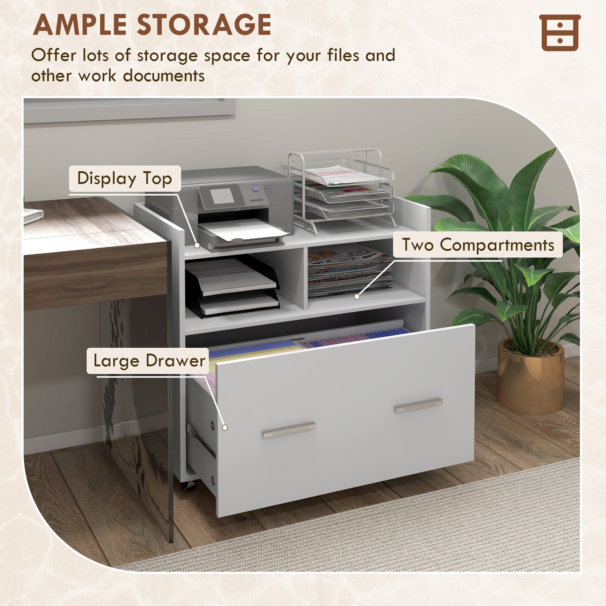 Vinsetto Lateral Filing Cabinet with Wheels and Open Storage Shelf, Mobile File Cabinet with Large Drawer and Adjustable Hanging Bar for Letter, A4 and Legal Size, White