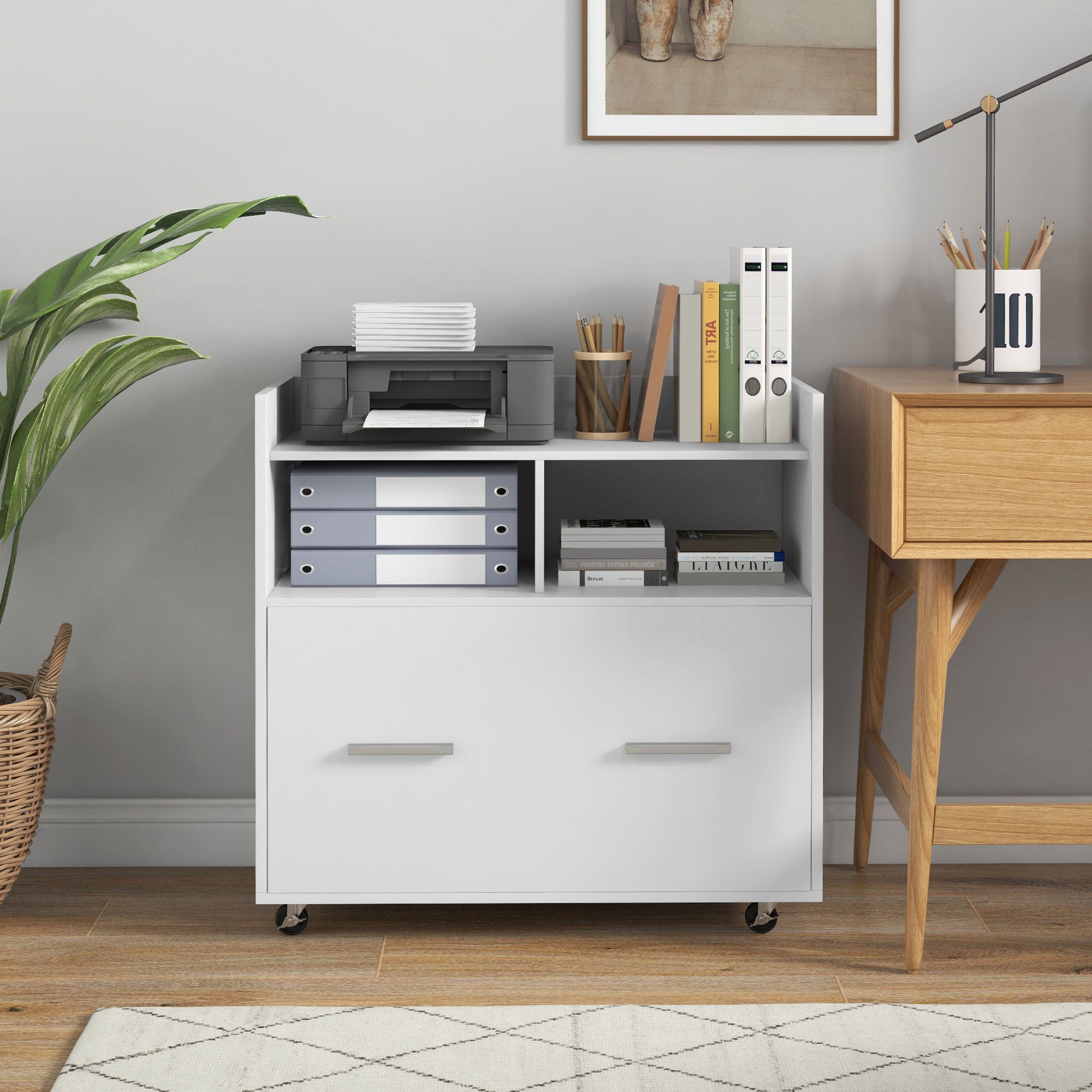Vinsetto Lateral Filing Cabinet with Wheels and Open Storage Shelf, Mobile File Cabinet with Large Drawer and Adjustable Hanging Bar for Letter, A4 and Legal Size, White
