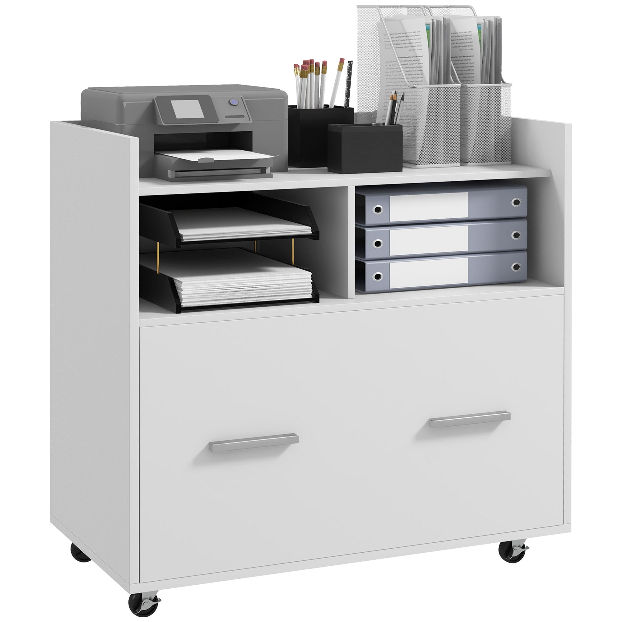 Vinsetto Lateral Filing Cabinet with Wheels and Open Storage Shelf, Mobile File Cabinet with Large Drawer and Adjustable Hanging Bar for Letter, A4 and Legal Size, White