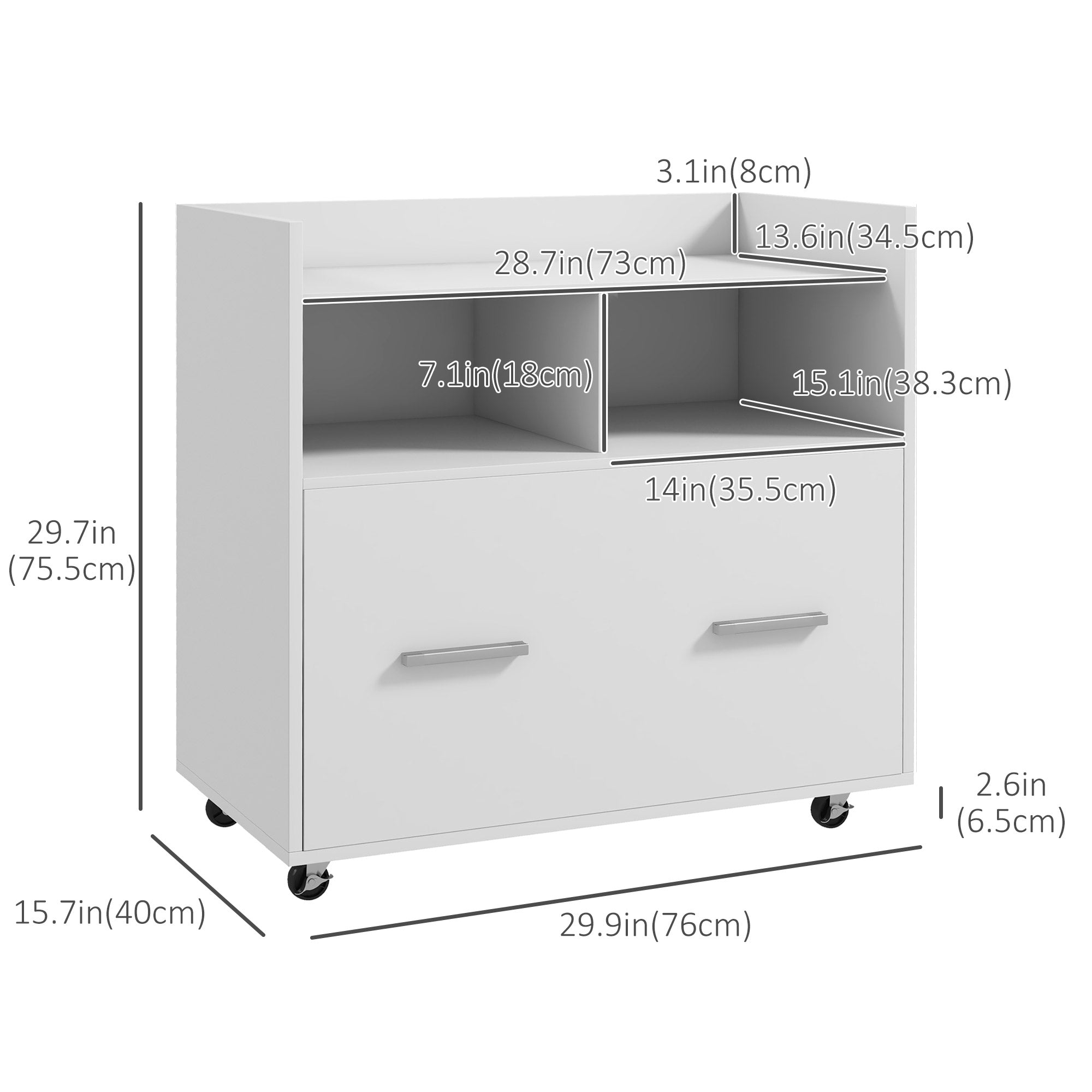 Vinsetto Lateral Filing Cabinet with Wheels and Open Storage Shelf, Mobile File Cabinet with Large Drawer and Adjustable Hanging Bar for Letter, A4 and Legal Size, White