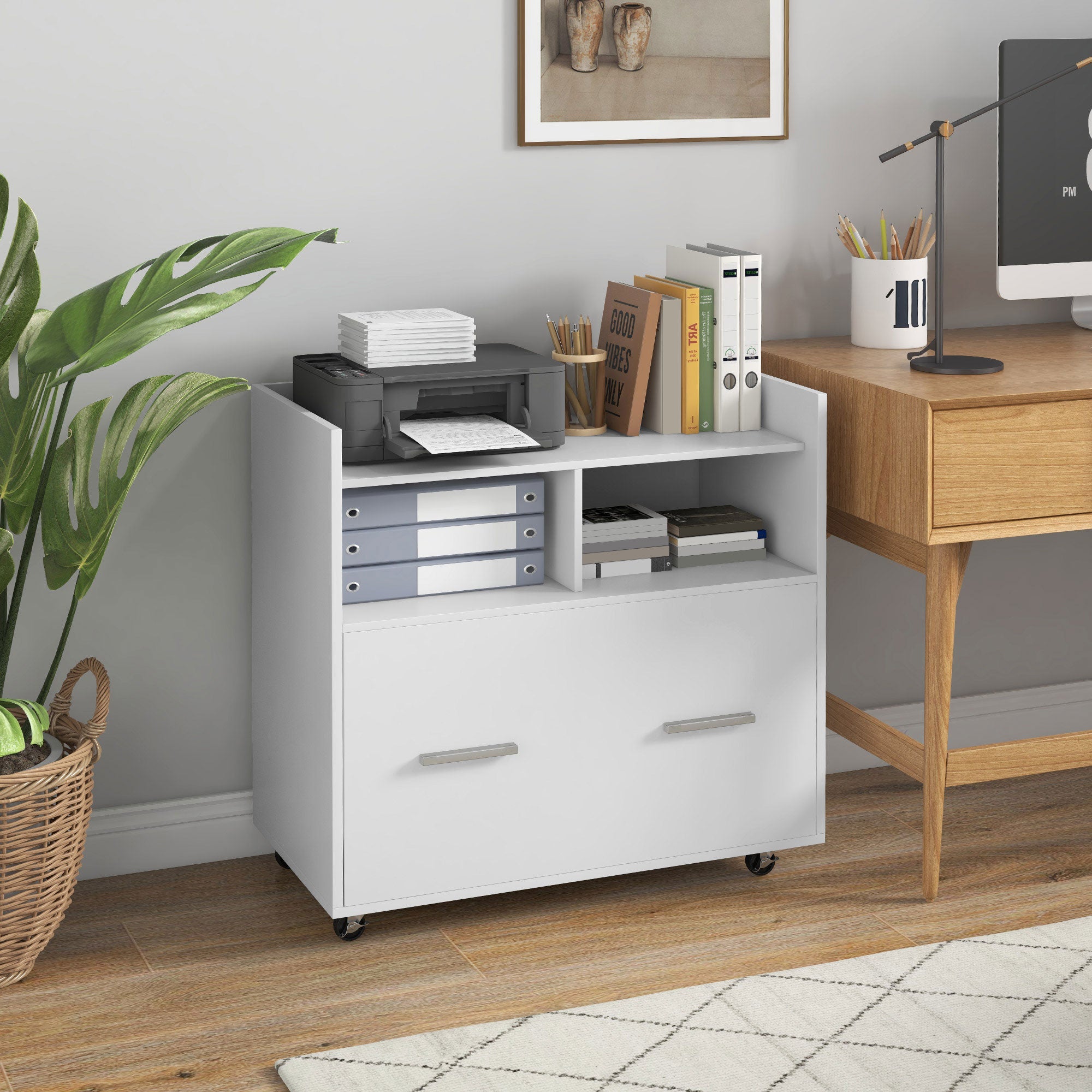 Vinsetto Lateral Filing Cabinet with Wheels and Open Storage Shelf, Mobile File Cabinet with Large Drawer and Adjustable Hanging Bar for Letter, A4 and Legal Size, White