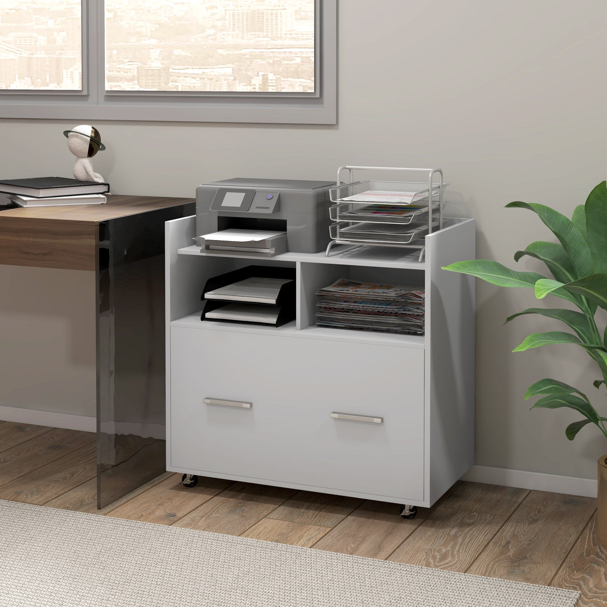 Vinsetto Lateral Filing Cabinet with Wheels and Open Storage Shelf, Mobile File Cabinet with Large Drawer and Adjustable Hanging Bar for Letter, A4 and Legal Size, White