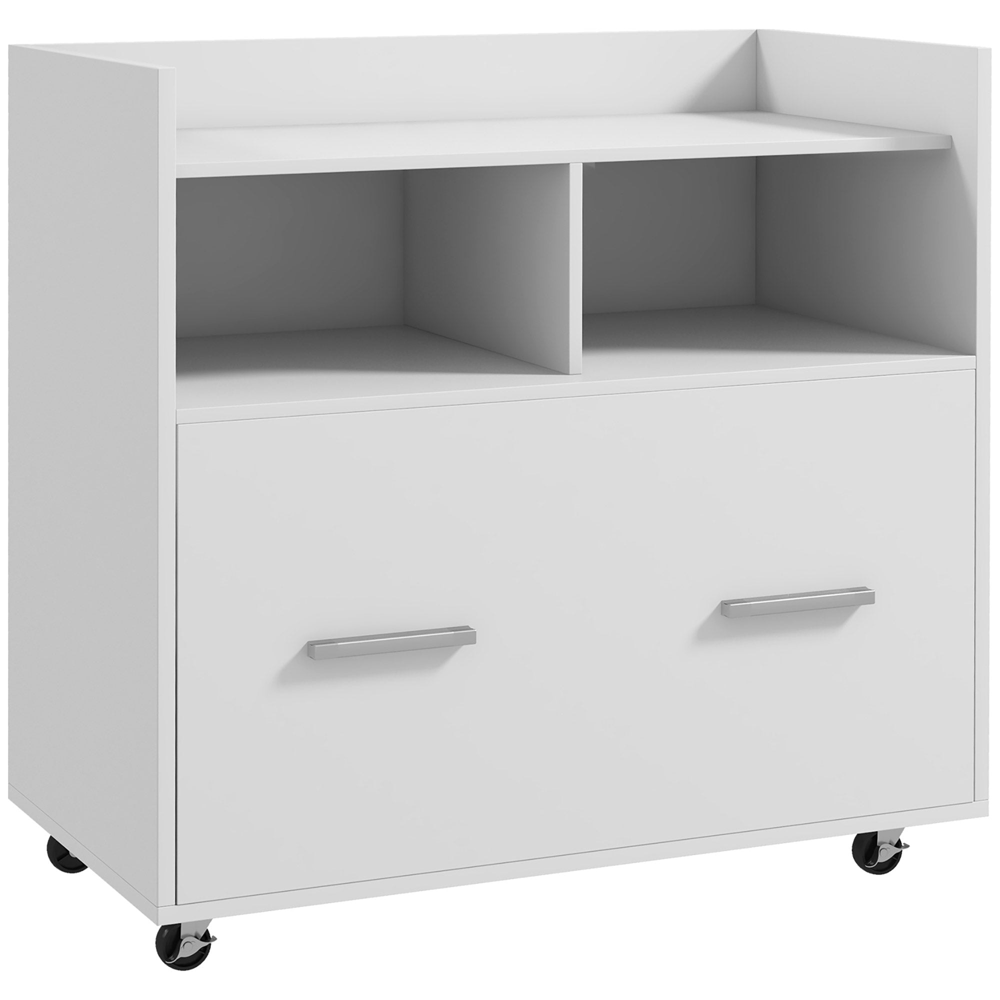 Vinsetto Lateral Filing Cabinet with Wheels and Open Storage Shelf, Mobile File Cabinet with Large Drawer and Adjustable Hanging Bar for Letter, A4 and Legal Size, White