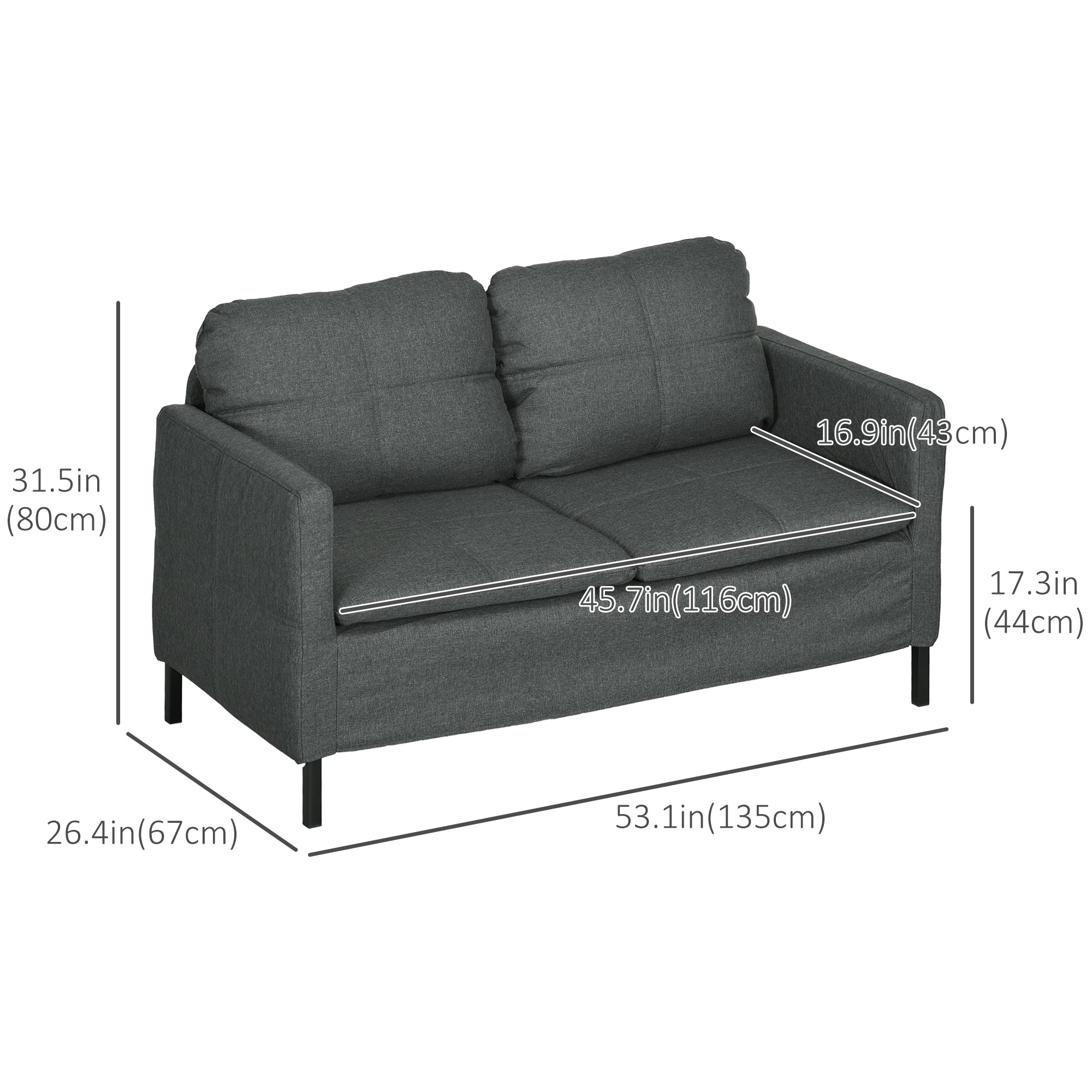 HOMCOM 53" Loveseat Sofa for Bedroom, Modern Love Seats Furniture, Upholstered 2 Seater Couch with Steel Legs for Living Room, Dark Grey