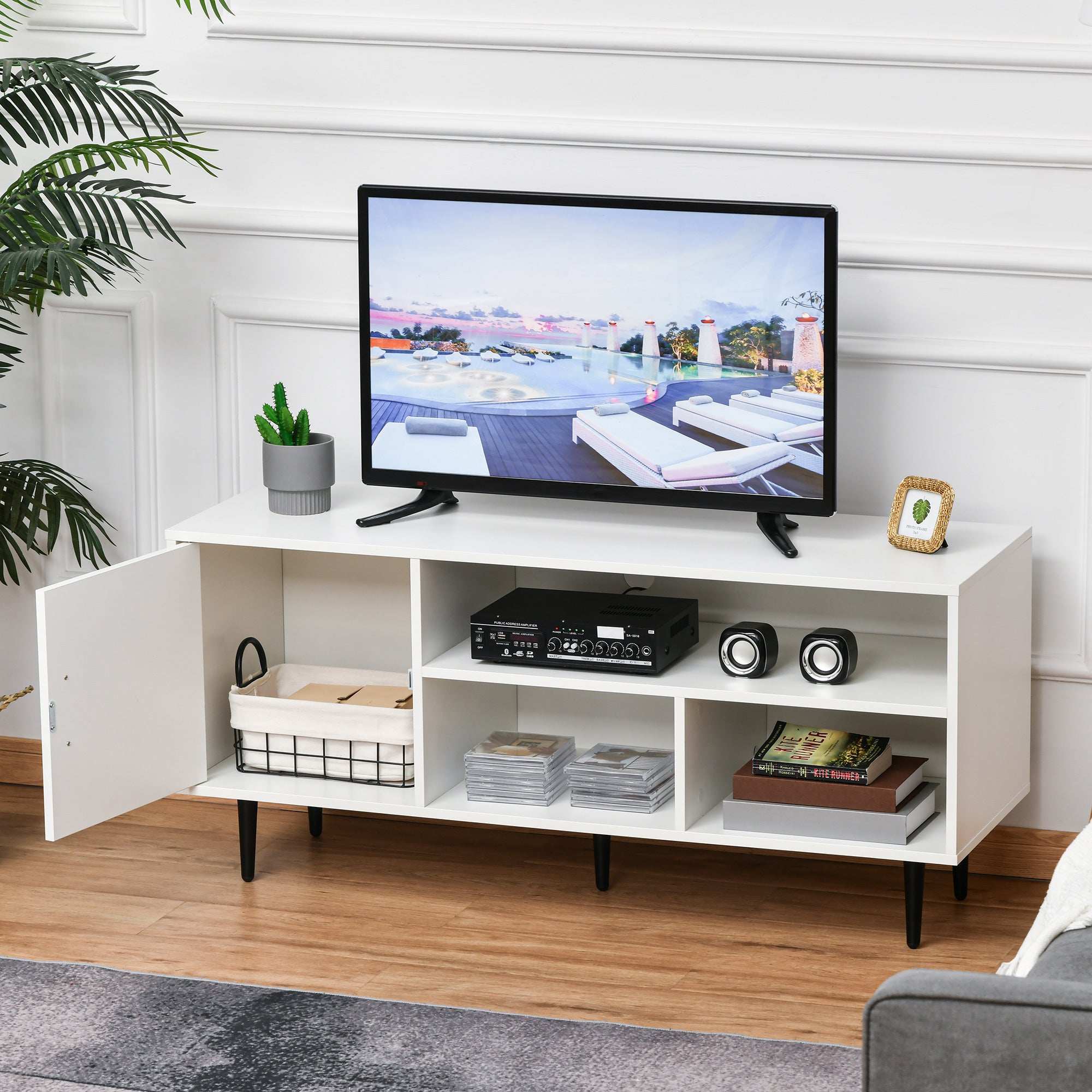 HOMCOM Modern TV Stand Cabinet for TVs up to 60 Inches with Storage Shelf, Cable Hole, Home Entertainment Unit Center, for Living Room Bedroom, White