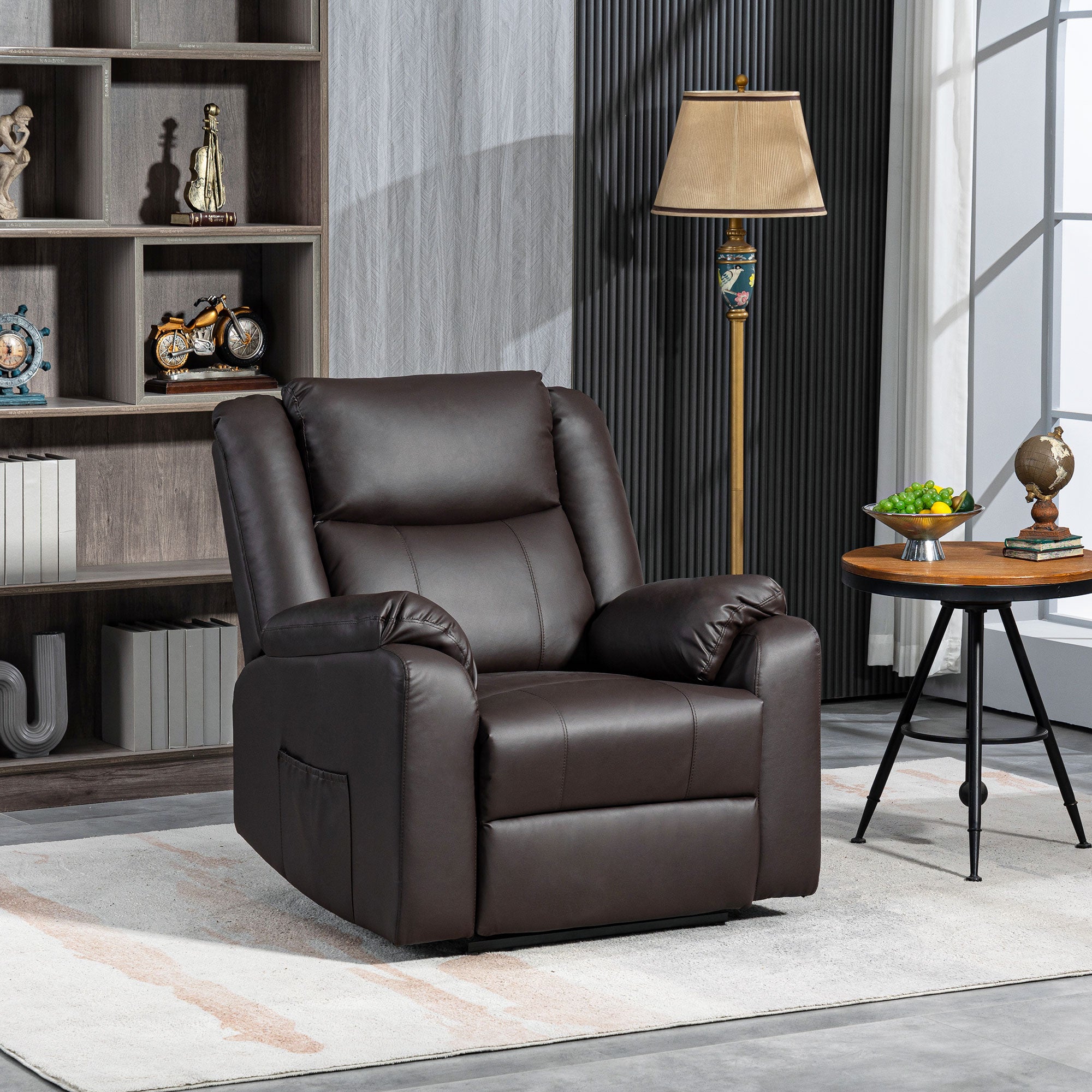 HOMCOM Recliner Chair for Living Room, PU Leather Single Recliner Sofa, Manual Reclining Chair with Footrest, Thick Padding and Side Pockets, Brown