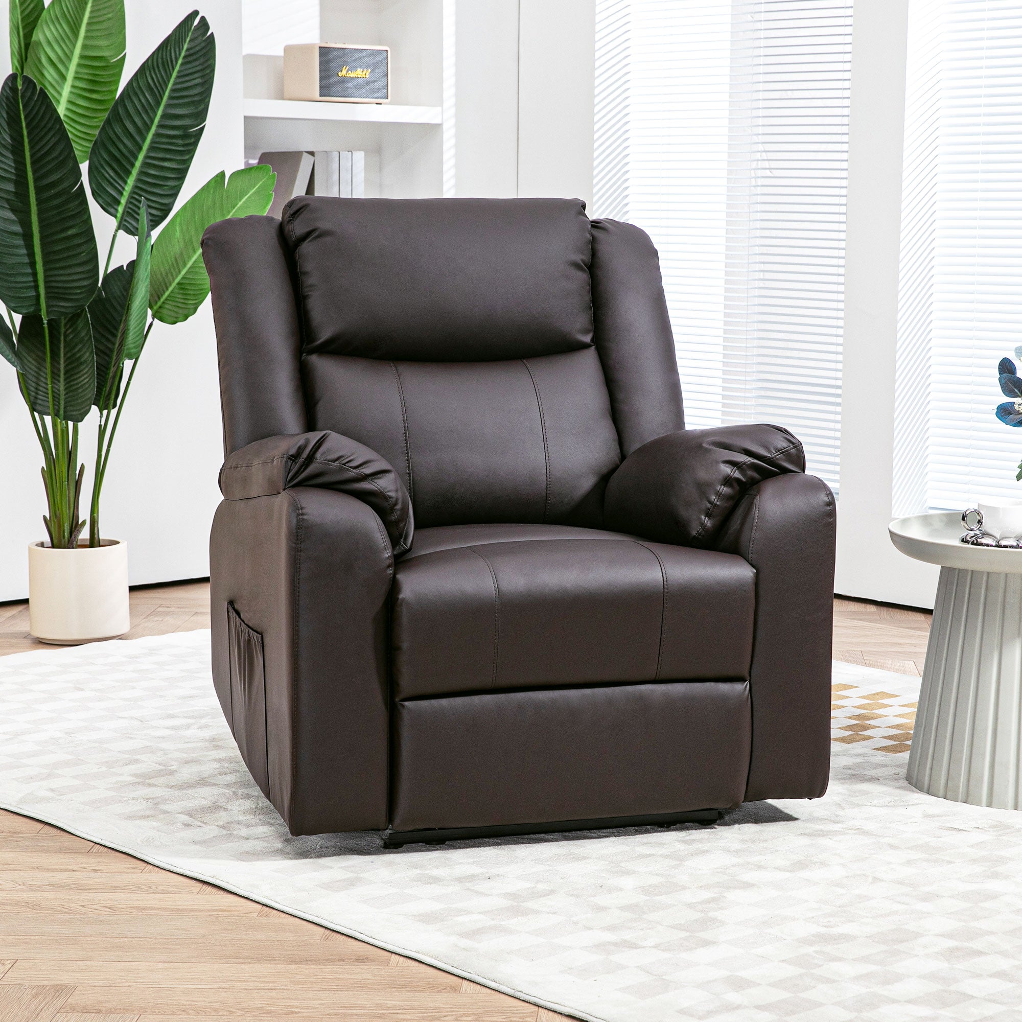 HOMCOM Recliner Chair for Living Room, PU Leather Single Recliner Sofa, Manual Reclining Chair with Footrest, Thick Padding and Side Pockets, Brown