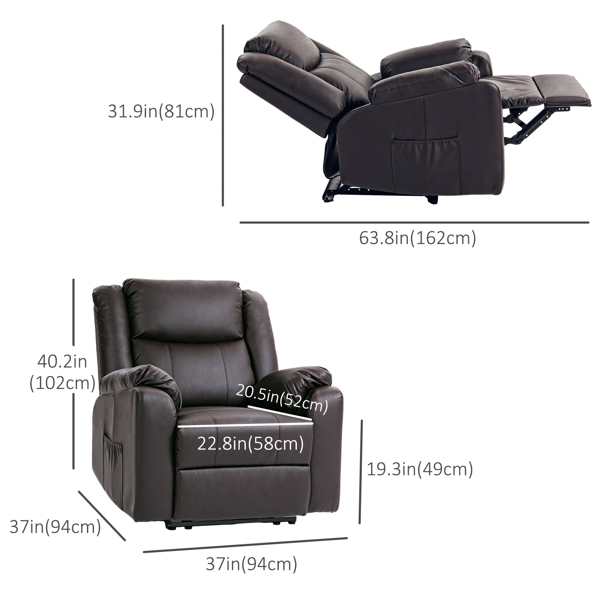 HOMCOM Recliner Chair for Living Room, PU Leather Single Recliner Sofa, Manual Reclining Chair with Footrest, Thick Padding and Side Pockets, Brown